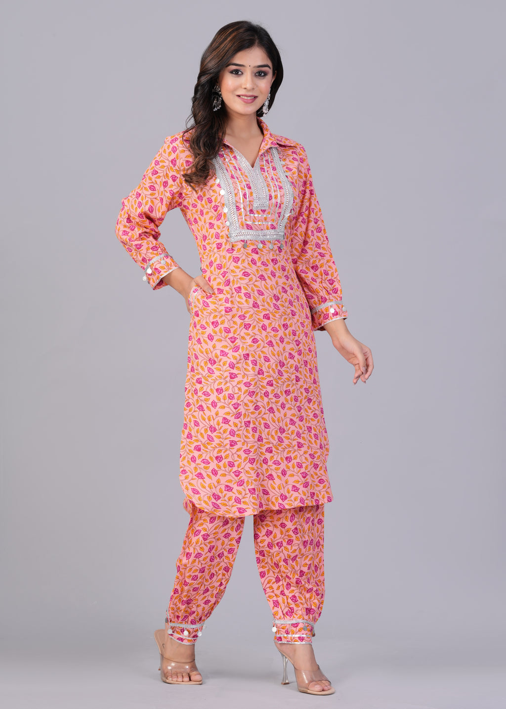 Peach Pink Leaf Print Mirror Work Rayon Pathani Suit Set