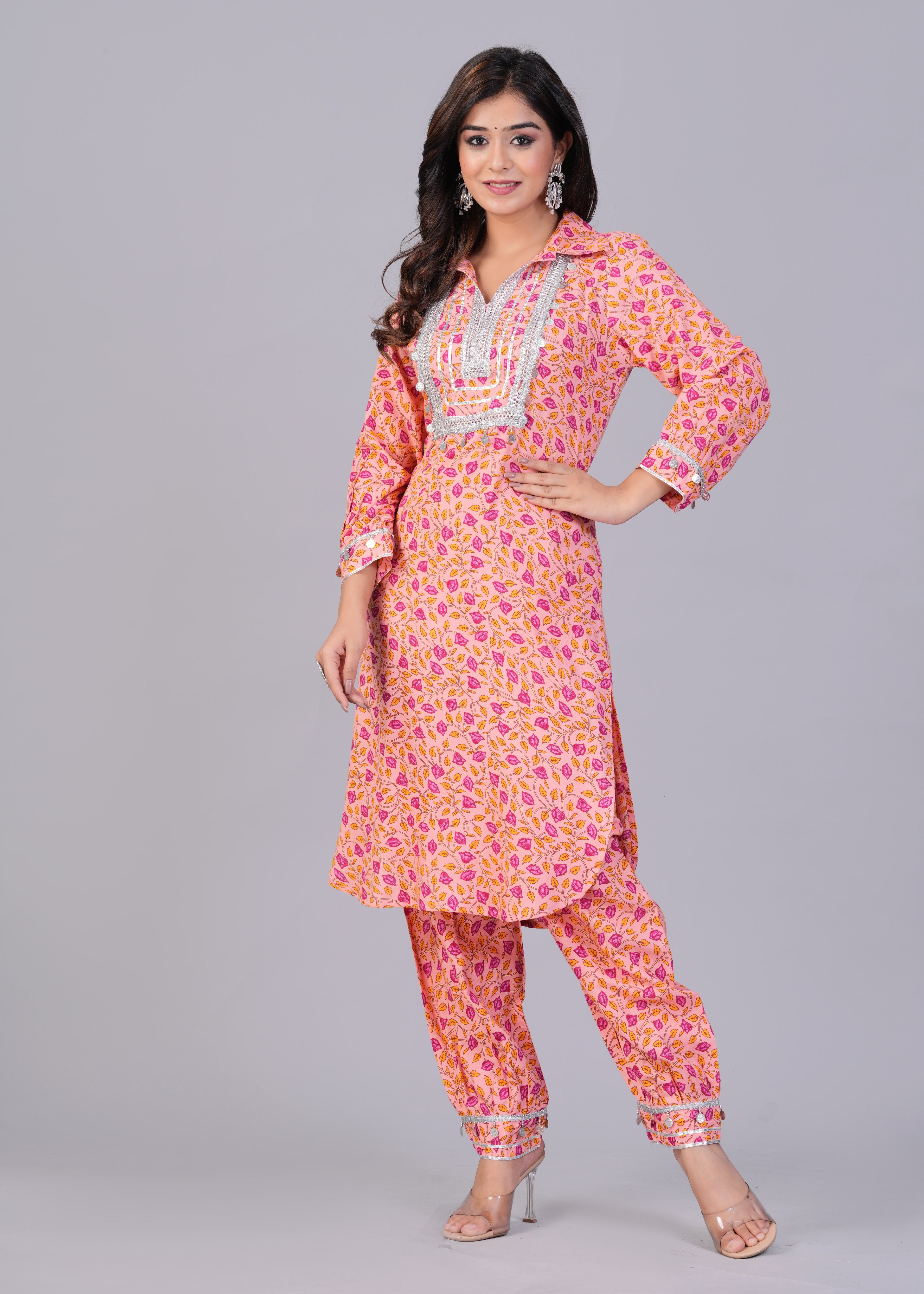 Peach Pink Leaf Print Mirror Work Rayon Pathani Suit Set