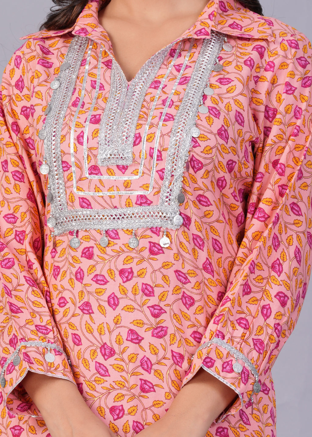 Peach Pink Leaf Print Mirror Work Rayon Pathani Suit Set