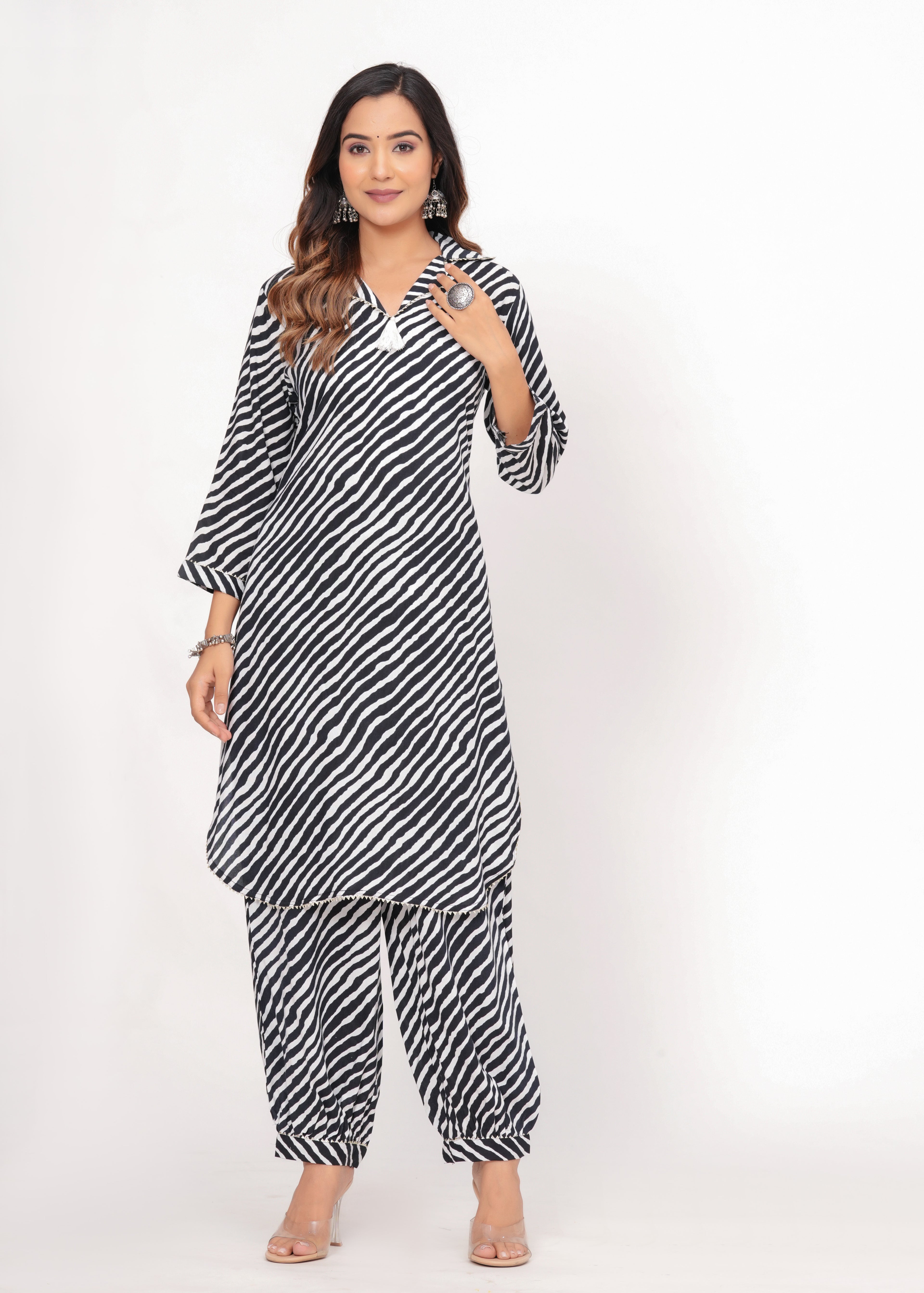 Black & White Zebra Print Rayon Pathani Suit Set
