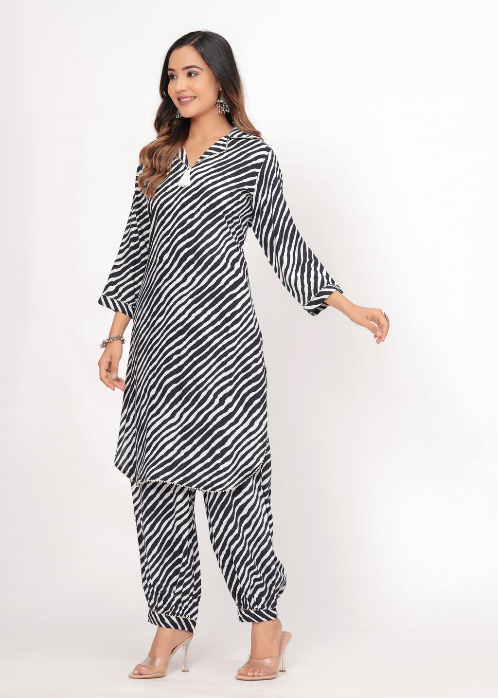 Black & White Zebra Print Rayon Pathani Suit Set