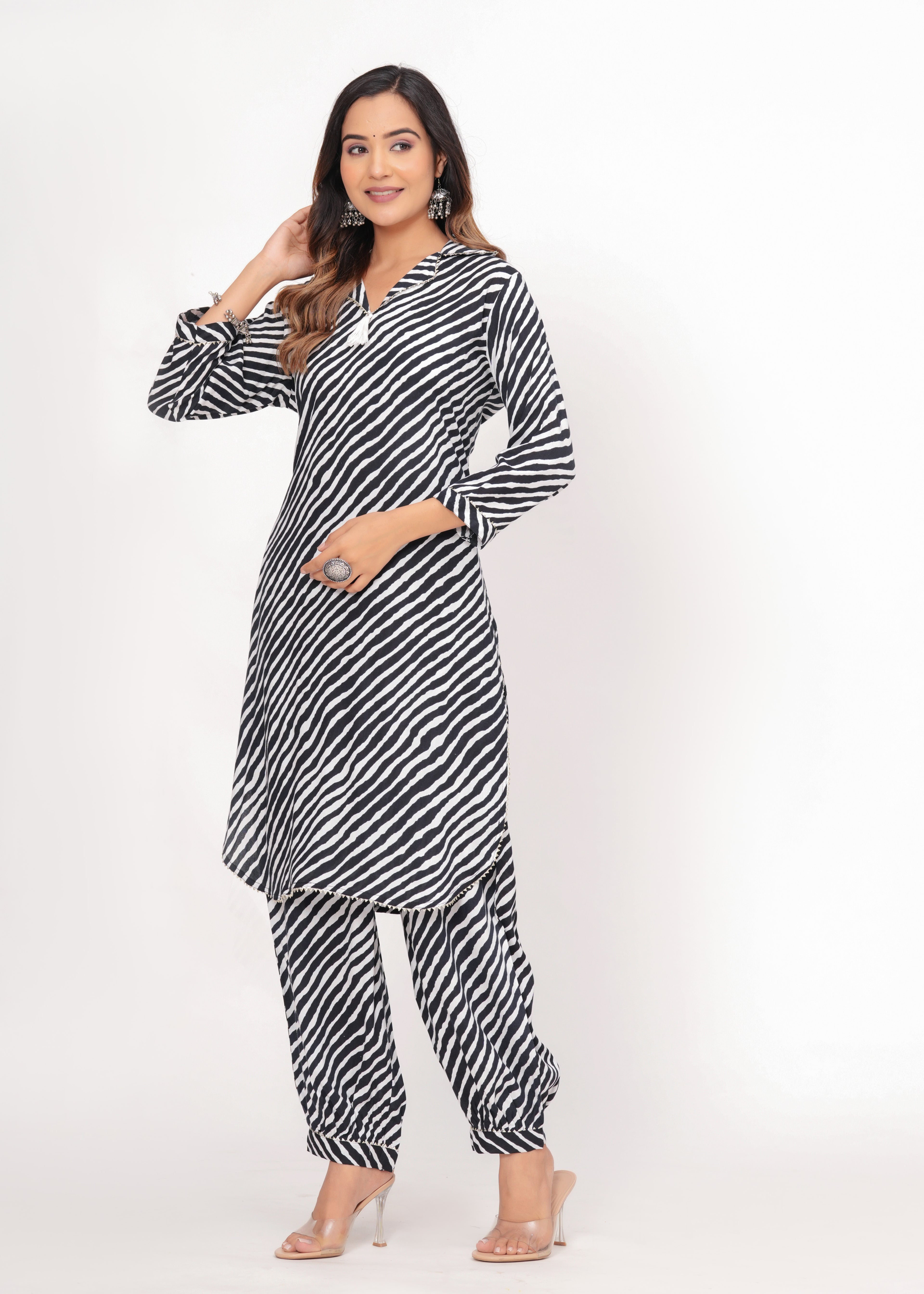 Black & White Zebra Print Rayon Pathani Suit Set