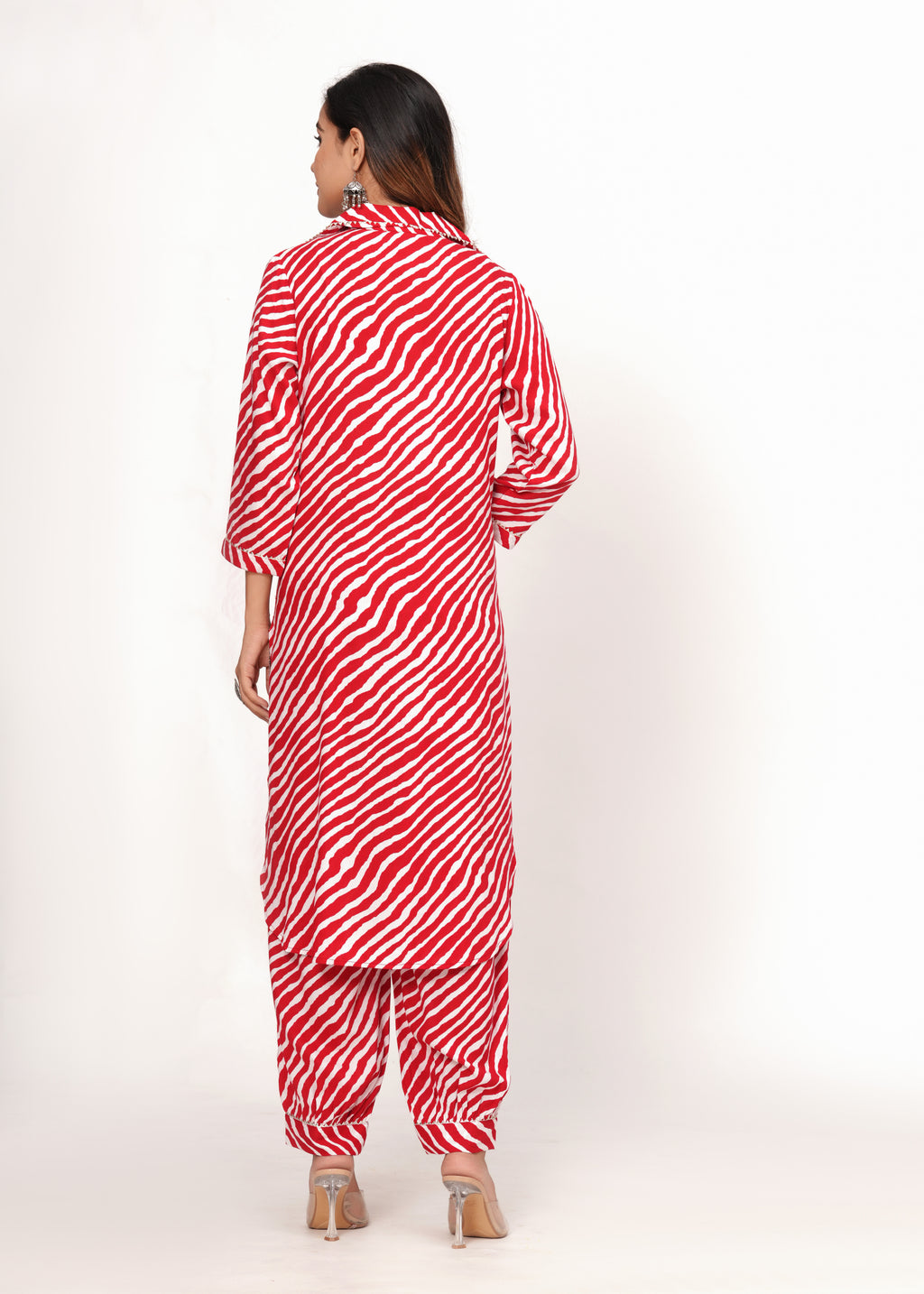 Red &amp; White Zig-Zag Print Pathani Suit Set