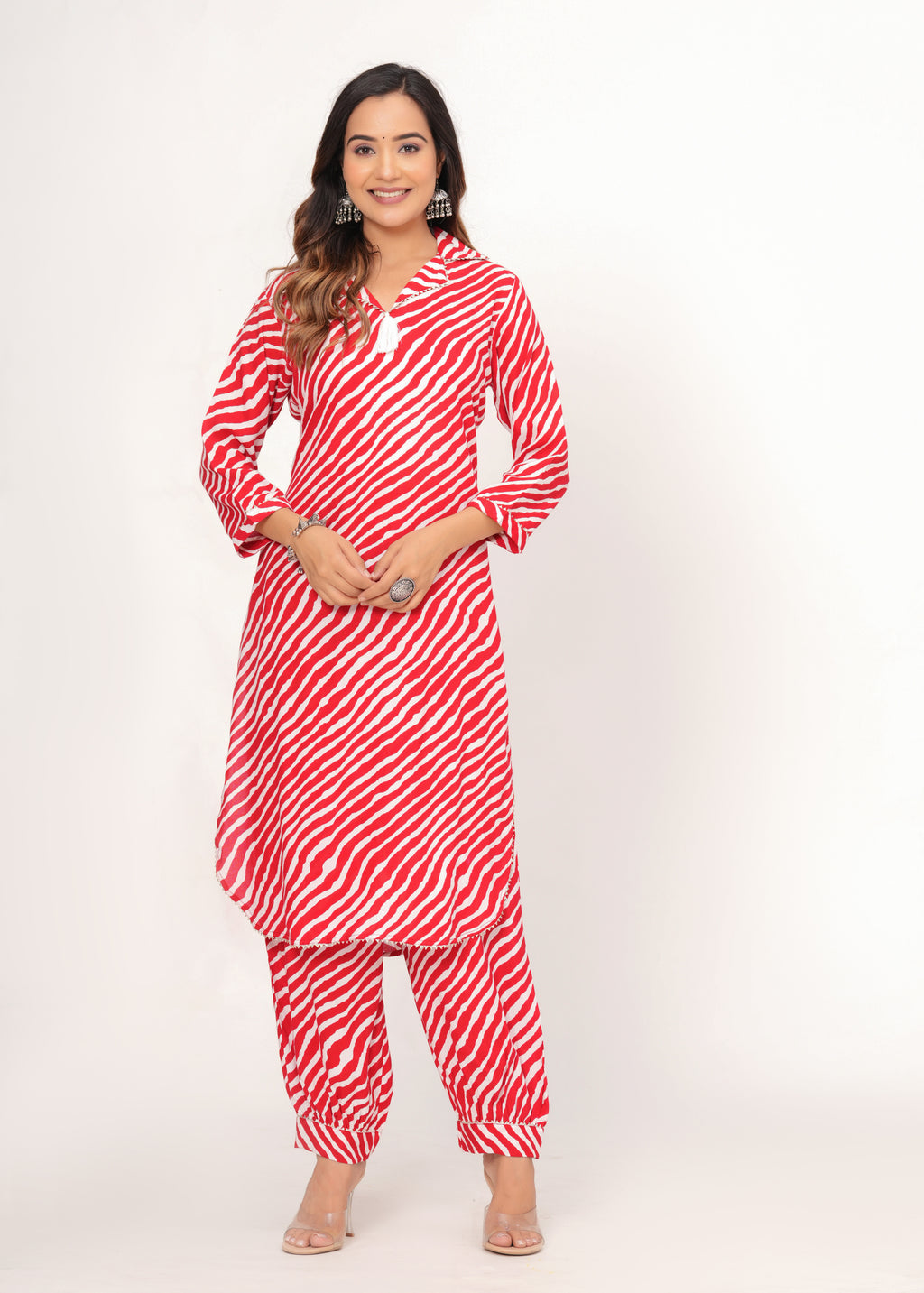 Red &amp; White Zig-Zag Print Pathani Suit Set