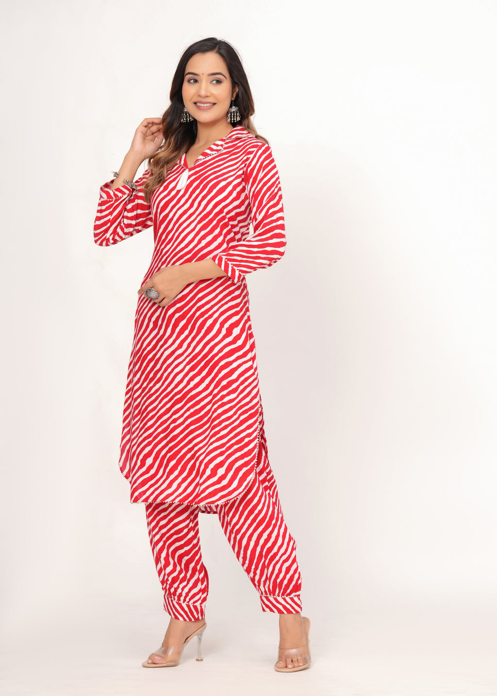 Red &amp; White Zig-Zag Print Pathani Suit Set