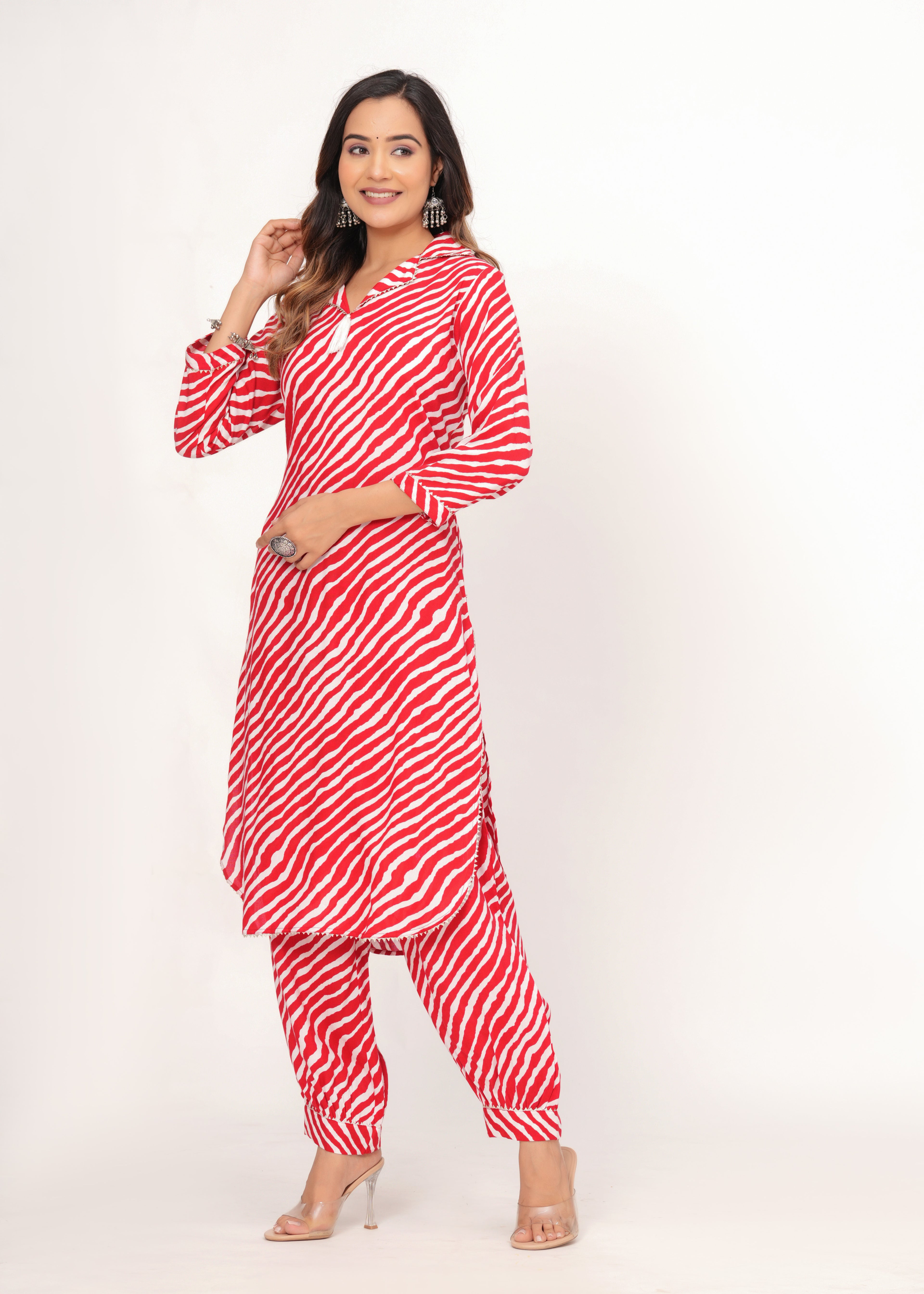 Red &amp; White Zig-Zag Print Pathani Suit Set