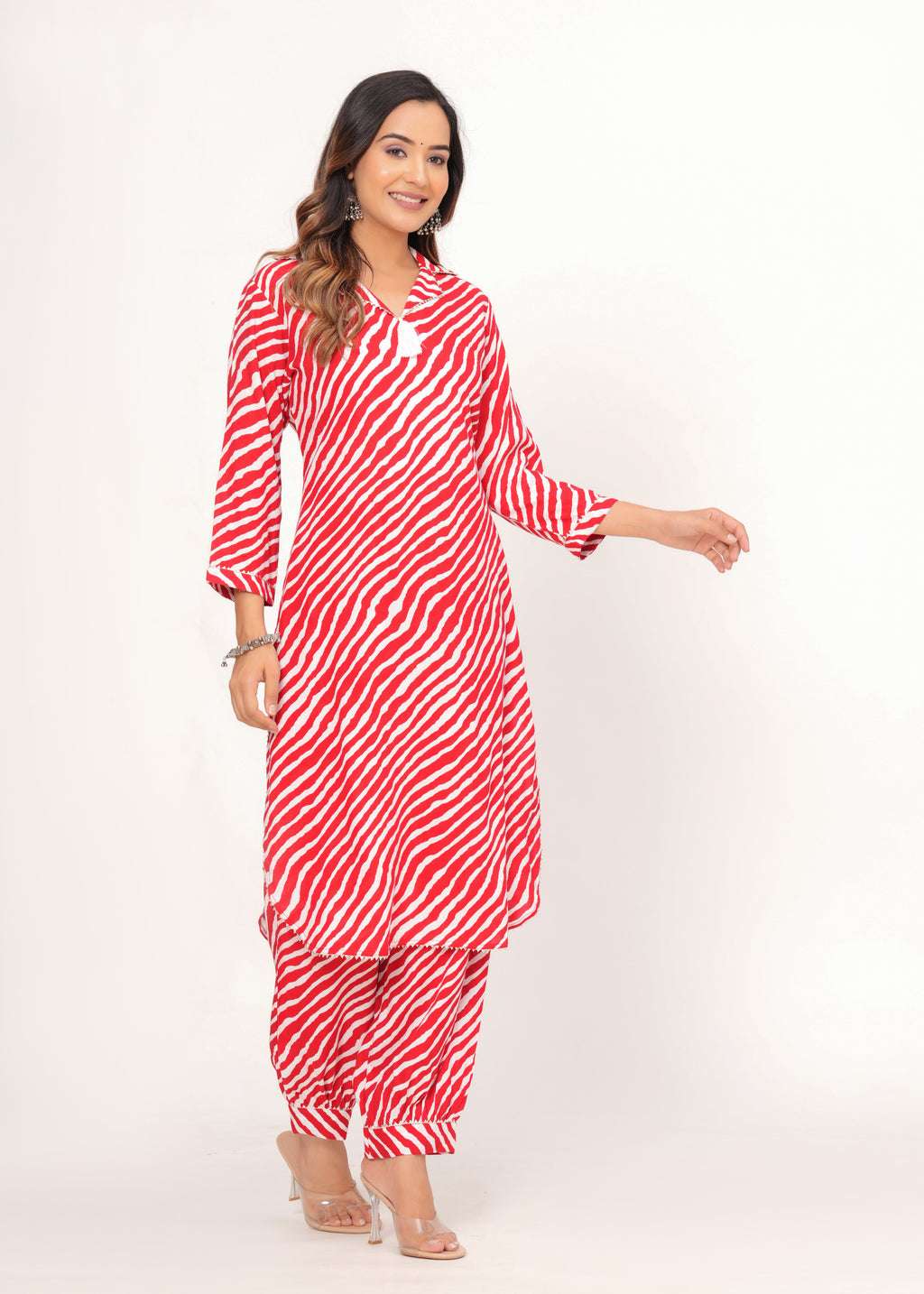 Red &amp; White Zig-Zag Print Pathani Suit Set