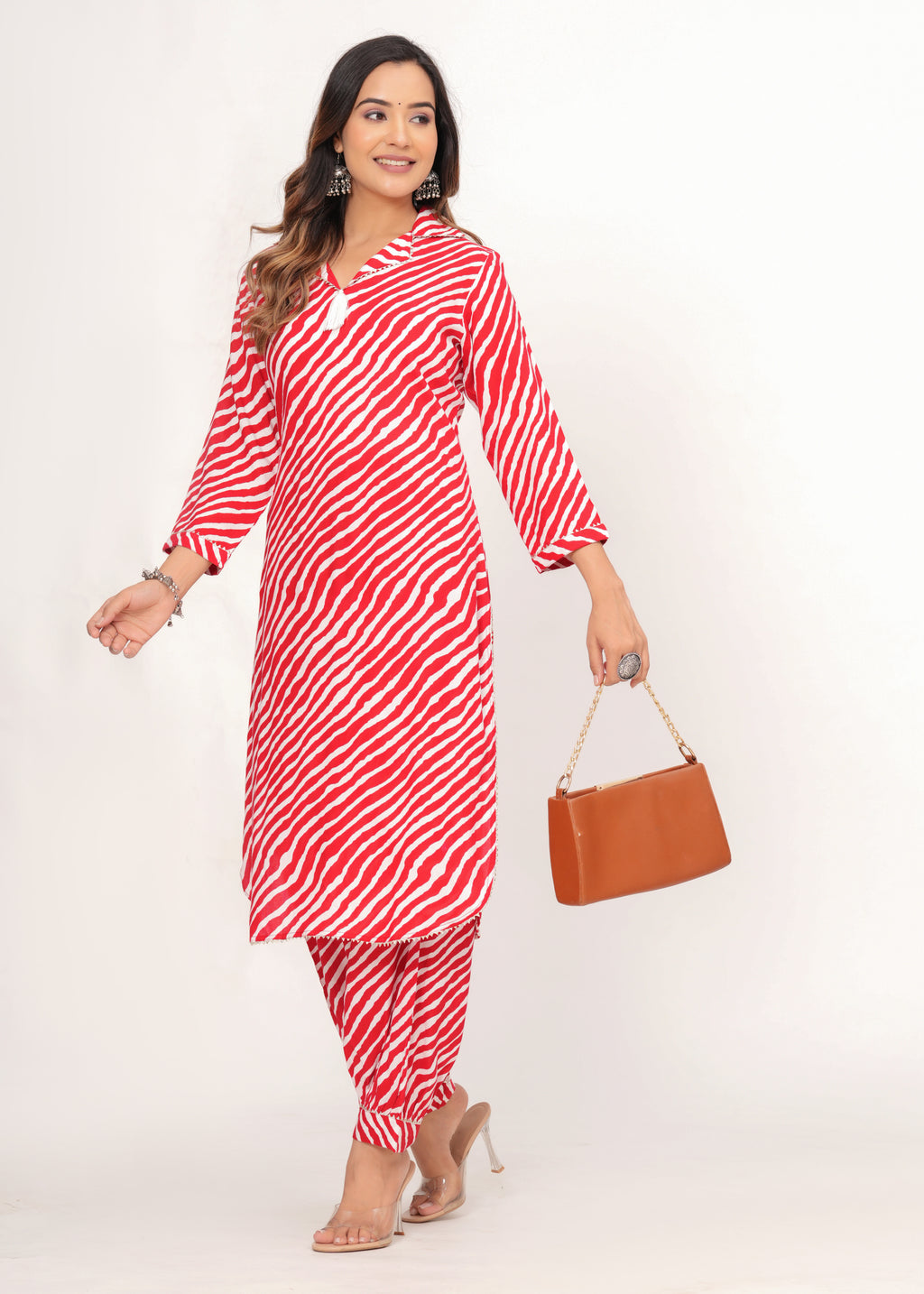 Red &amp; White Zig-Zag Print Pathani Suit Set
