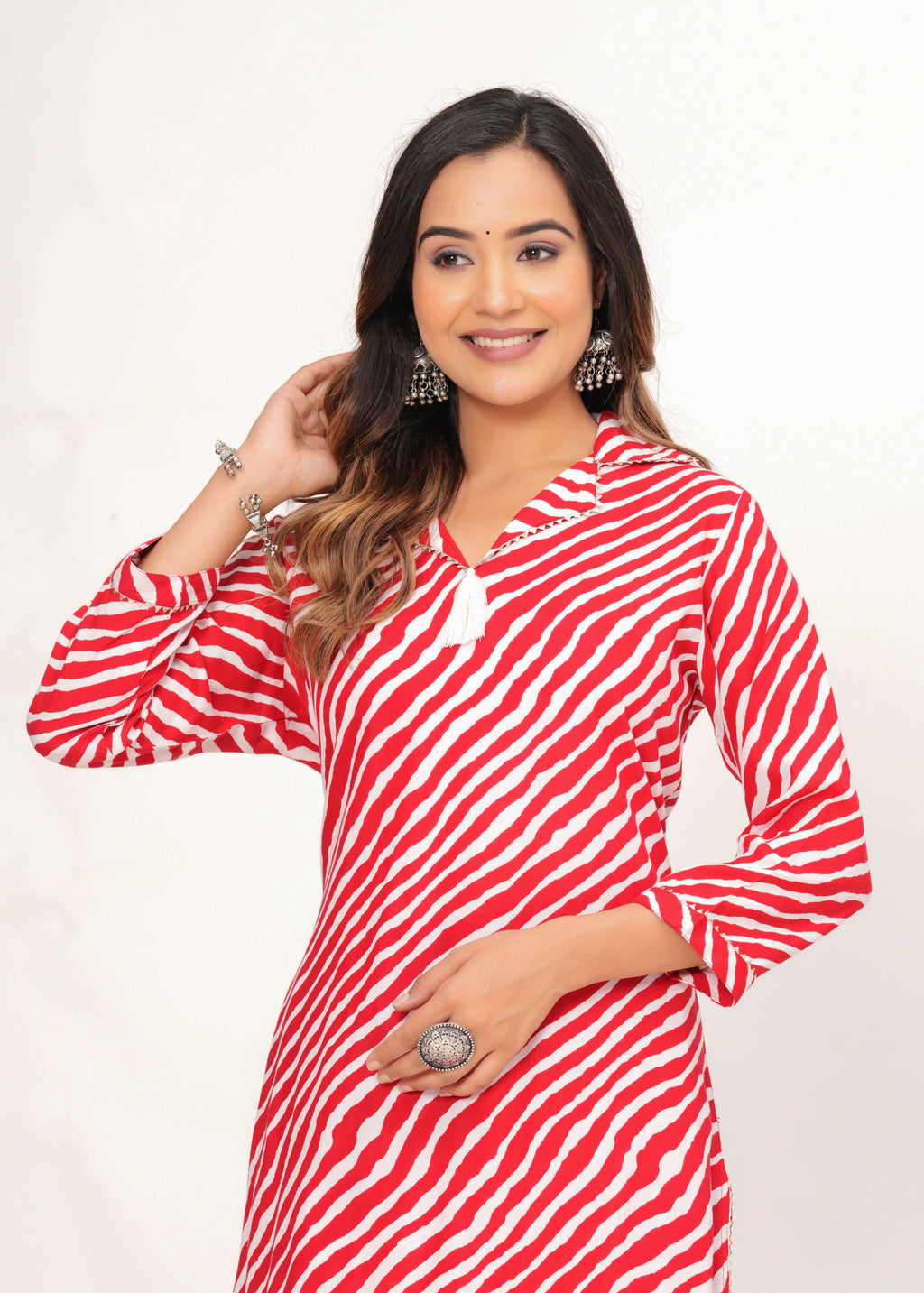 Red &amp; White Zig-Zag Print Pathani Suit Set