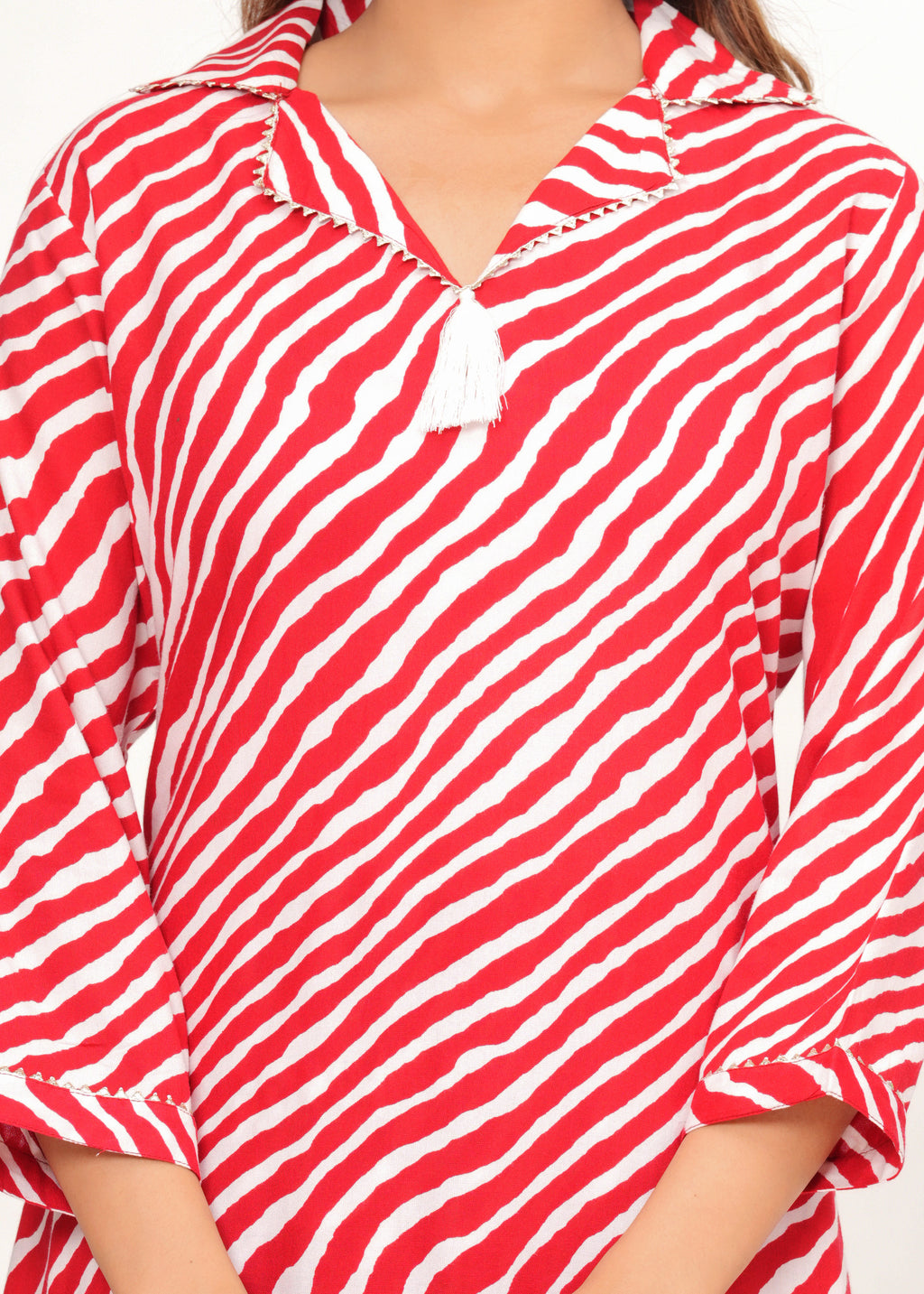 Red &amp; White Zig-Zag Print Pathani Suit Set