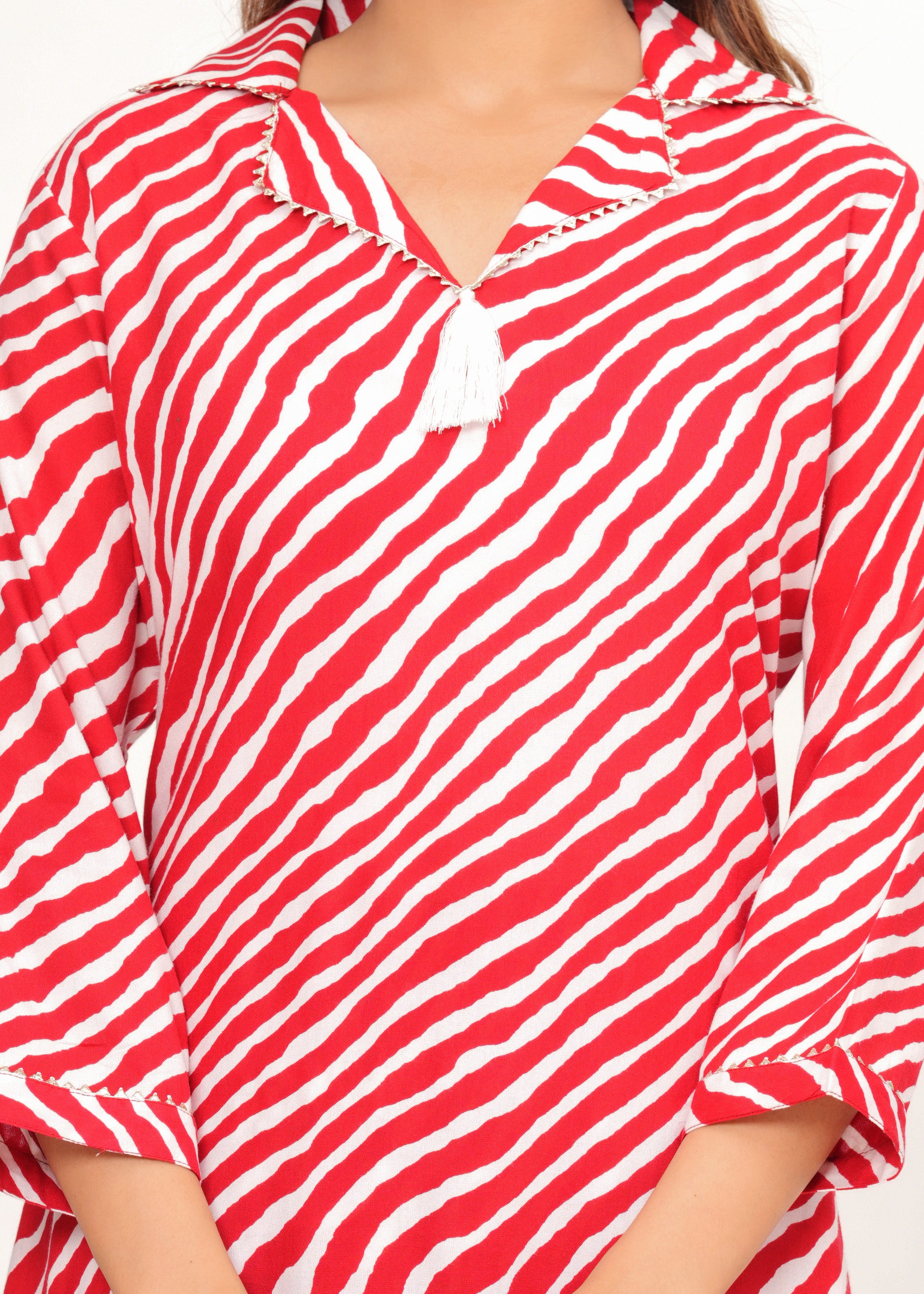 Red &amp; White Zig-Zag Print Pathani Suit Set