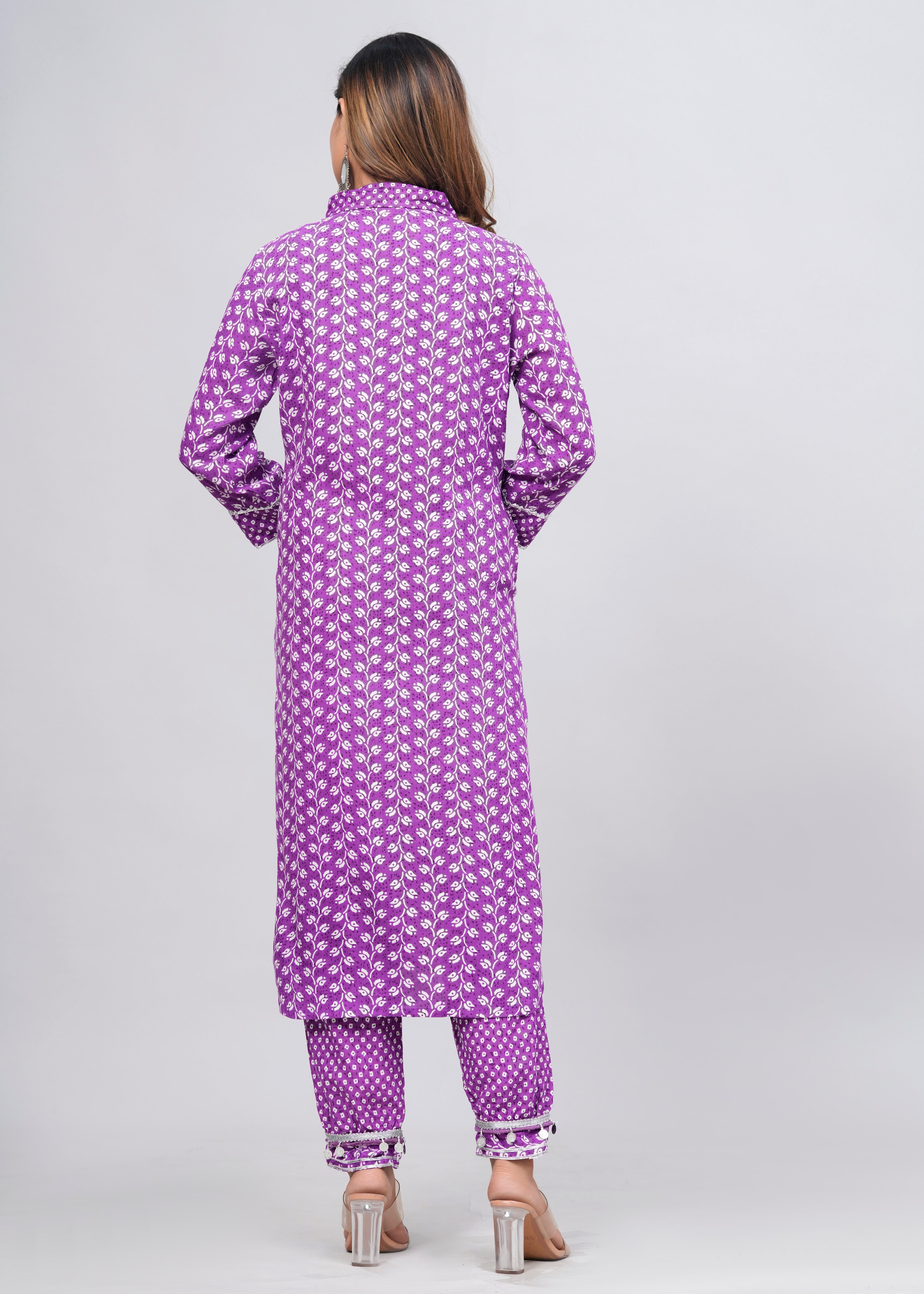 Lavender Block Print Mirror Work Pathani Suit Set