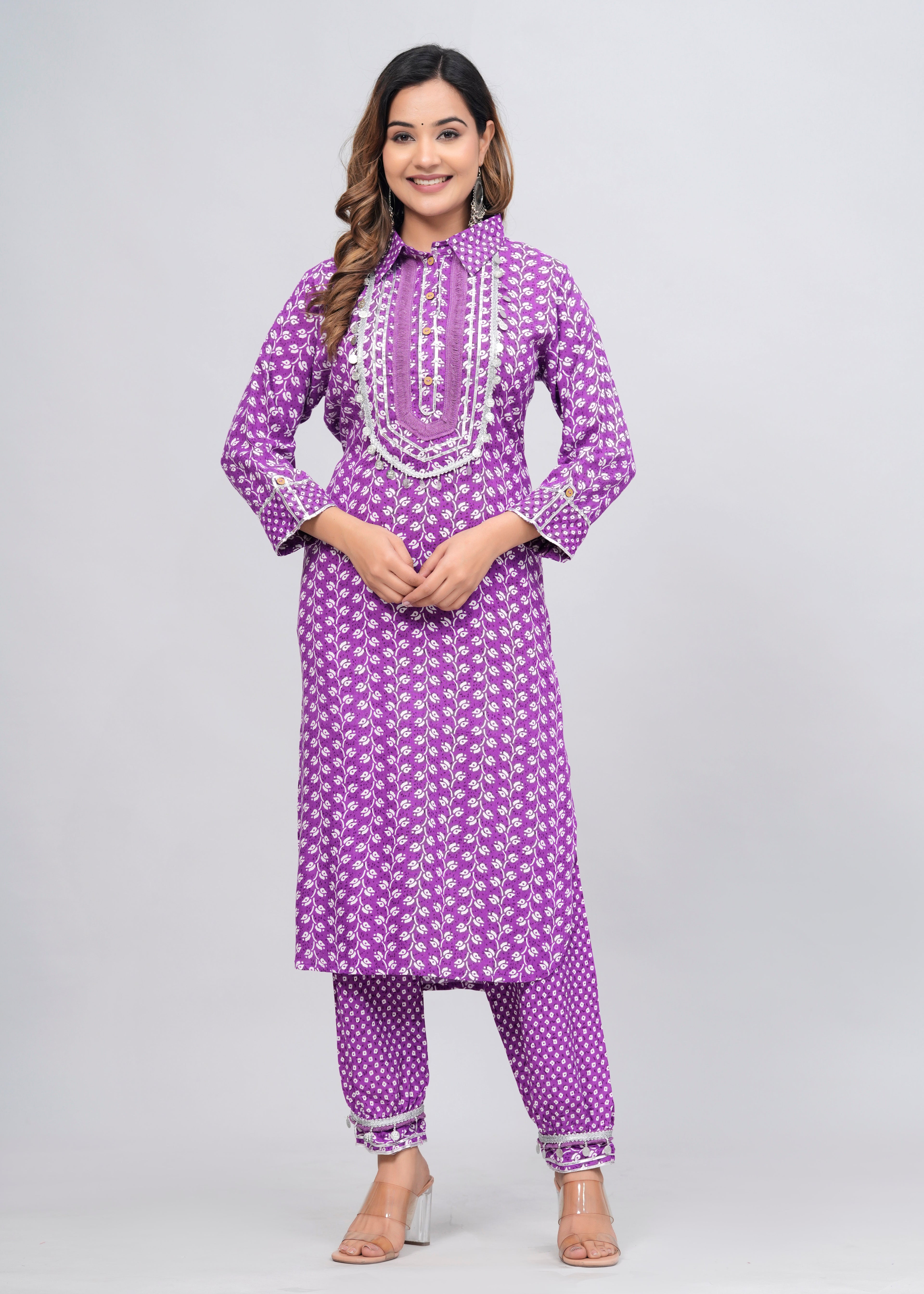 Lavender Block Print Mirror Work Pathani Suit Set