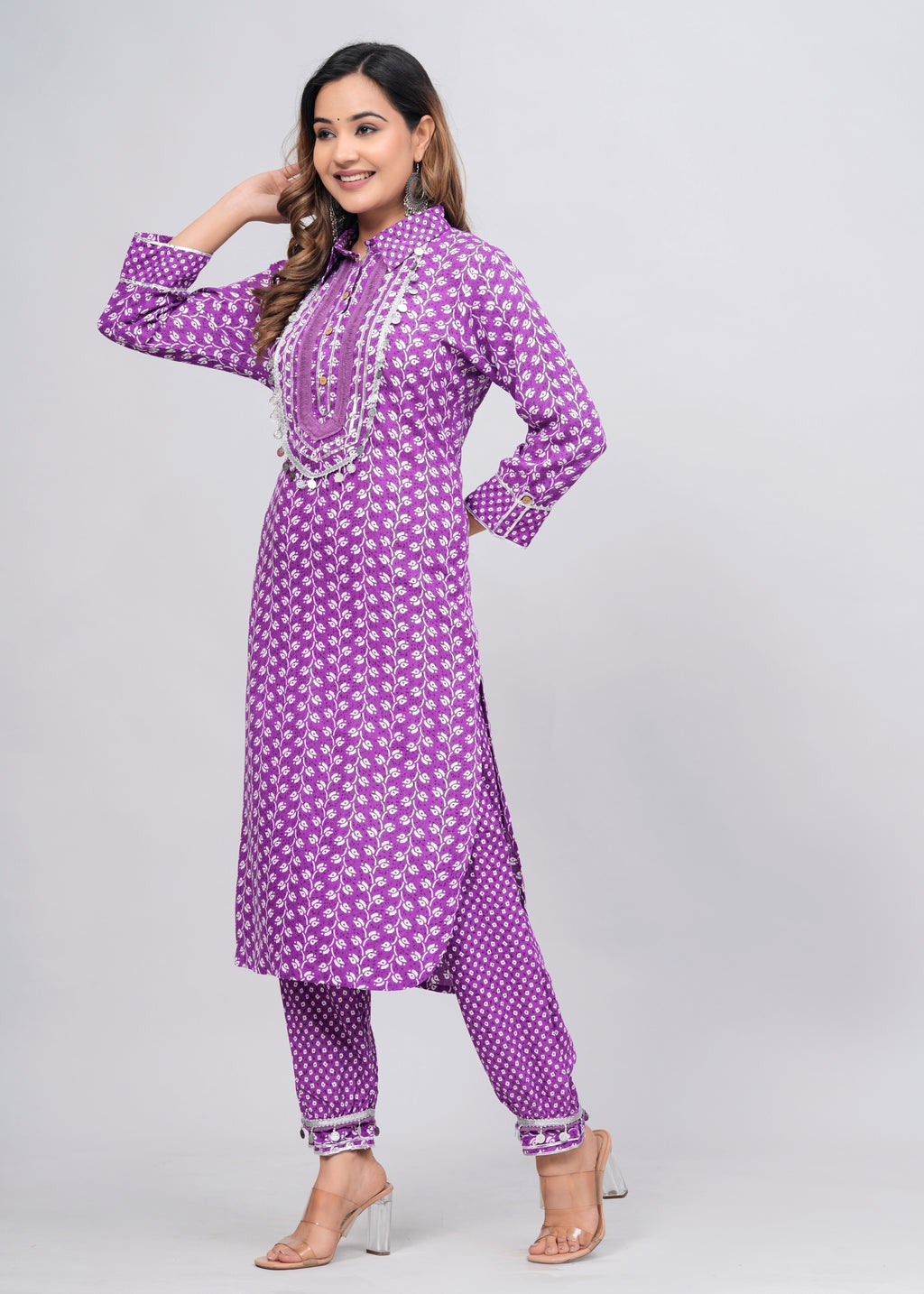 Lavender Block Print Mirror Work Pathani Suit Set