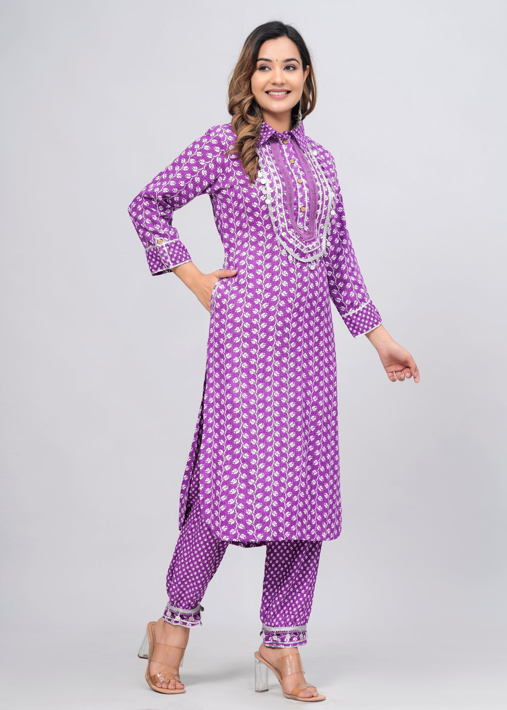 Lavender Block Print Mirror Work Pathani Suit Set