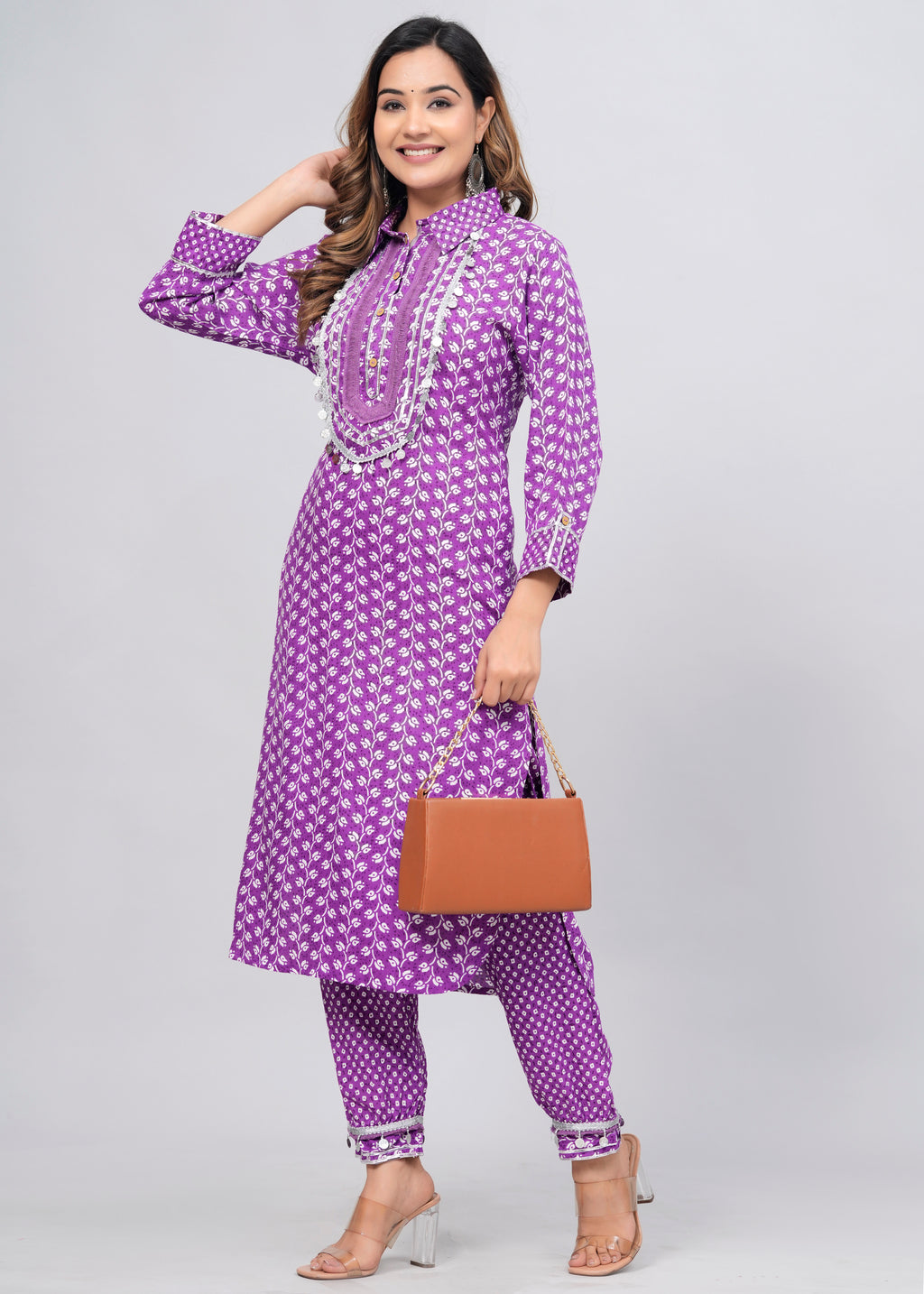 Lavender Block Print Mirror Work Pathani Suit Set
