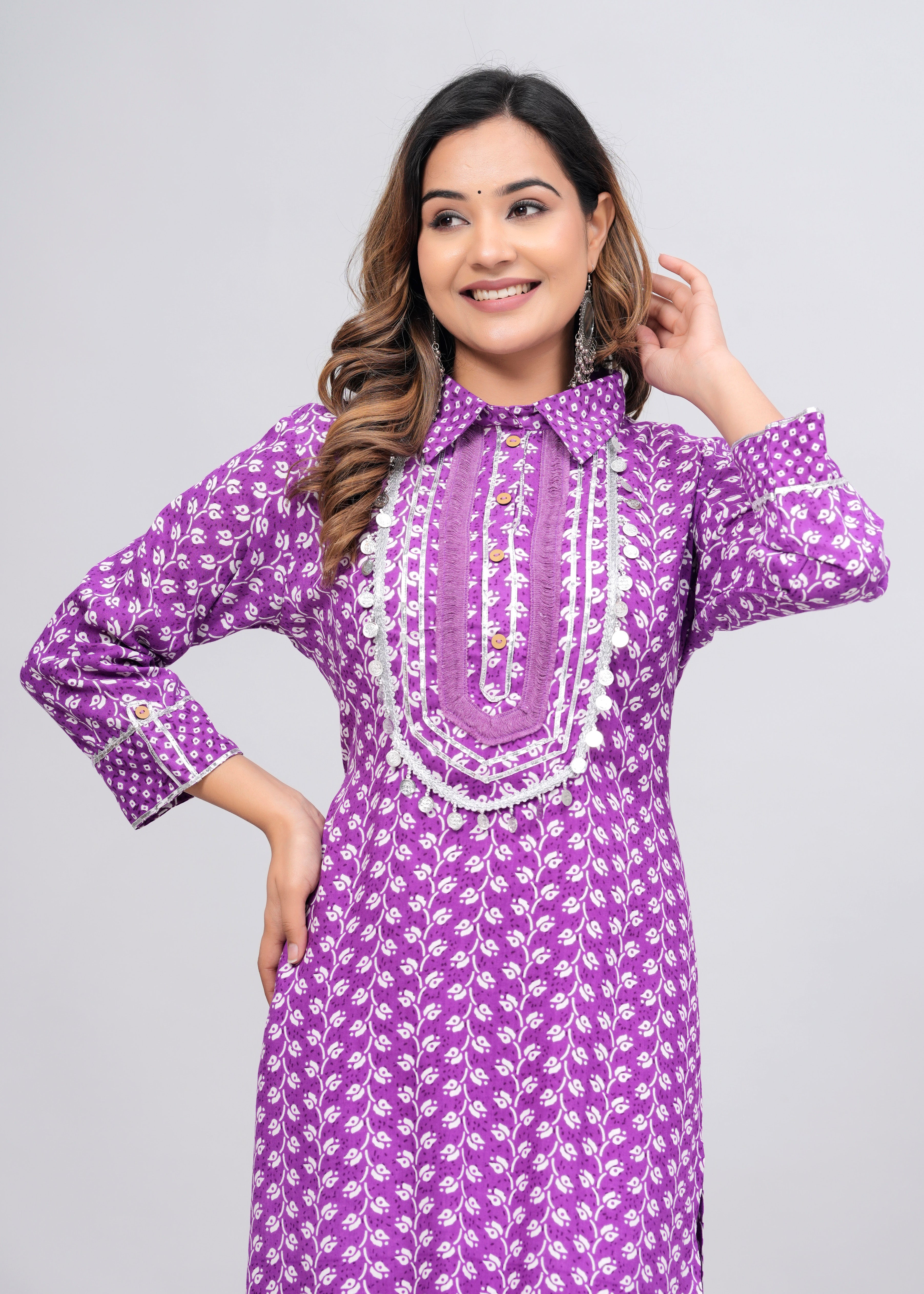 Lavender Block Print Mirror Work Pathani Suit Set