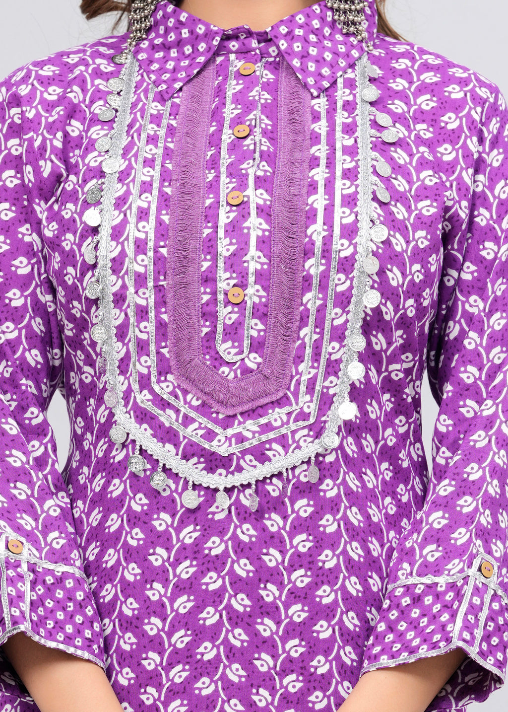 Lavender Block Print Mirror Work Pathani Suit Set