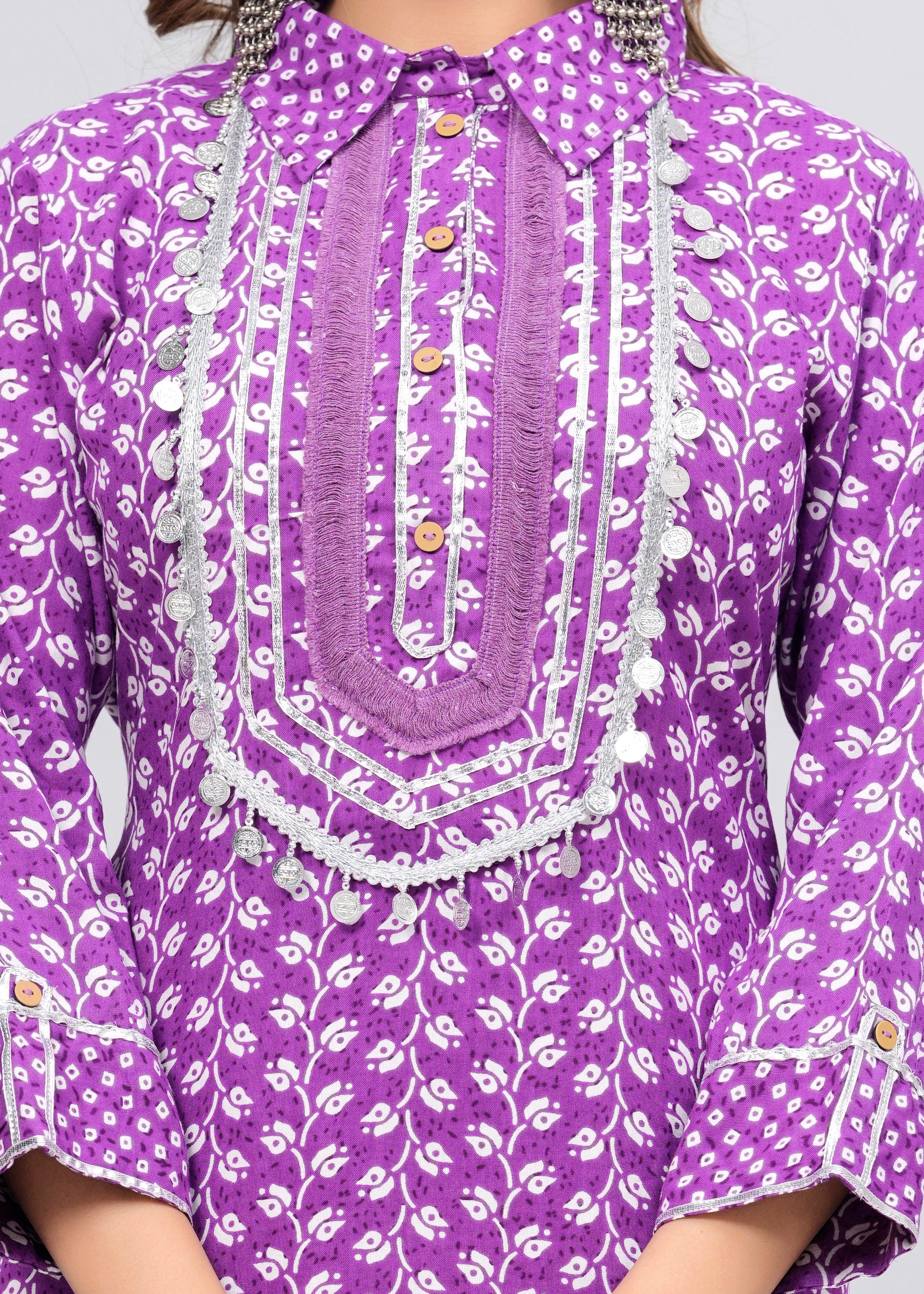 Lavender Block Print Mirror Work Pathani Suit Set