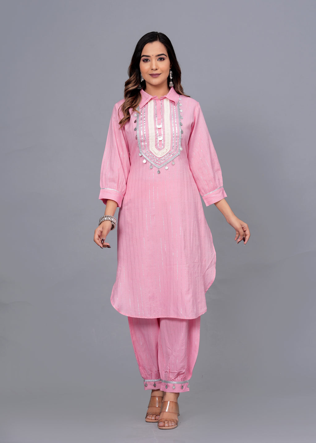 Blush Pink Mirror Work Rayon Pathani Suit Set