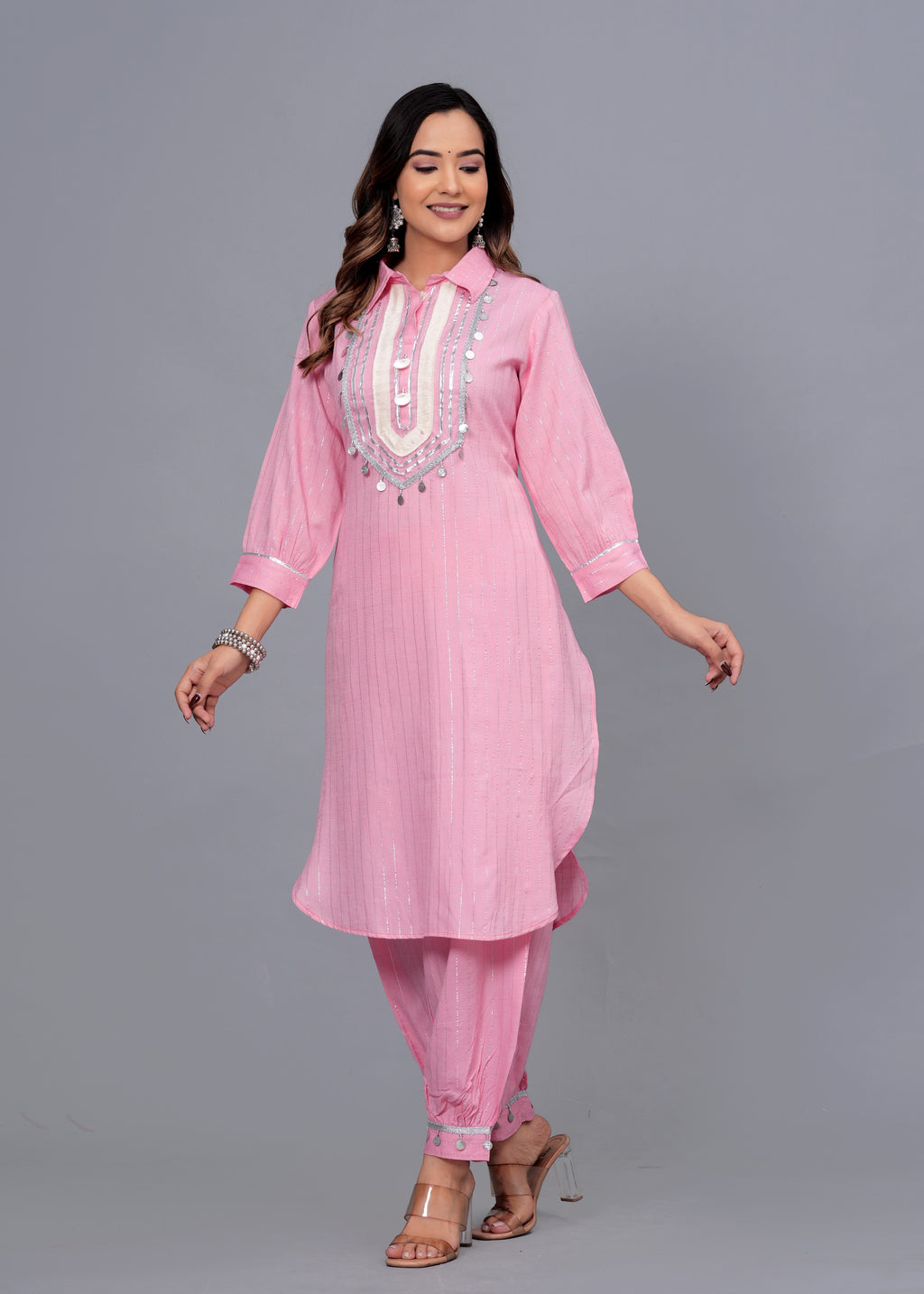 Blush Pink Mirror Work Rayon Pathani Suit Set