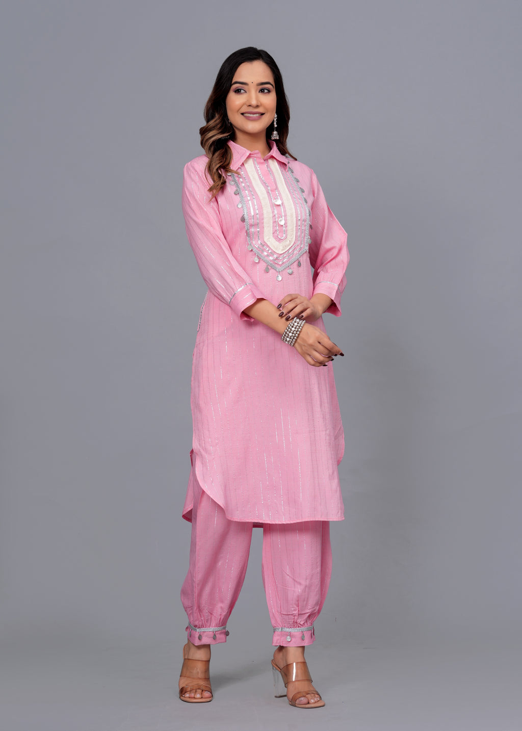 Blush Pink Mirror Work Rayon Pathani Suit Set
