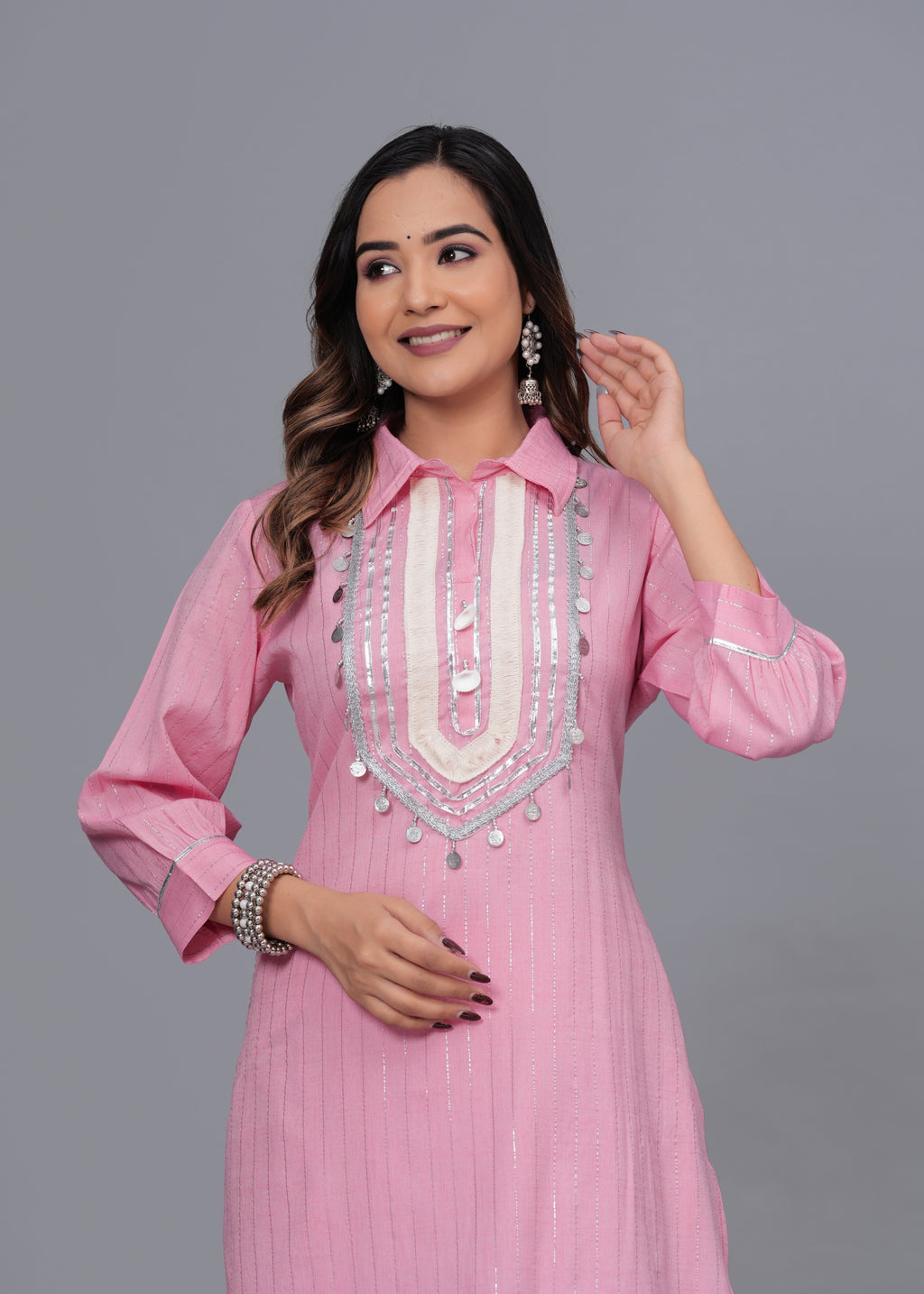 Blush Pink Mirror Work Rayon Pathani Suit Set