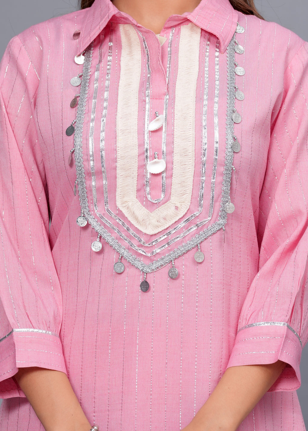 Blush Pink Mirror Work Rayon Pathani Suit Set