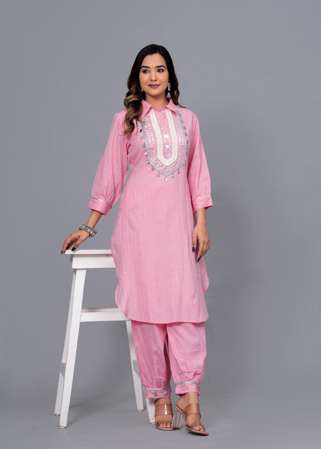 Blush Pink Mirror Work Rayon Pathani Suit Set