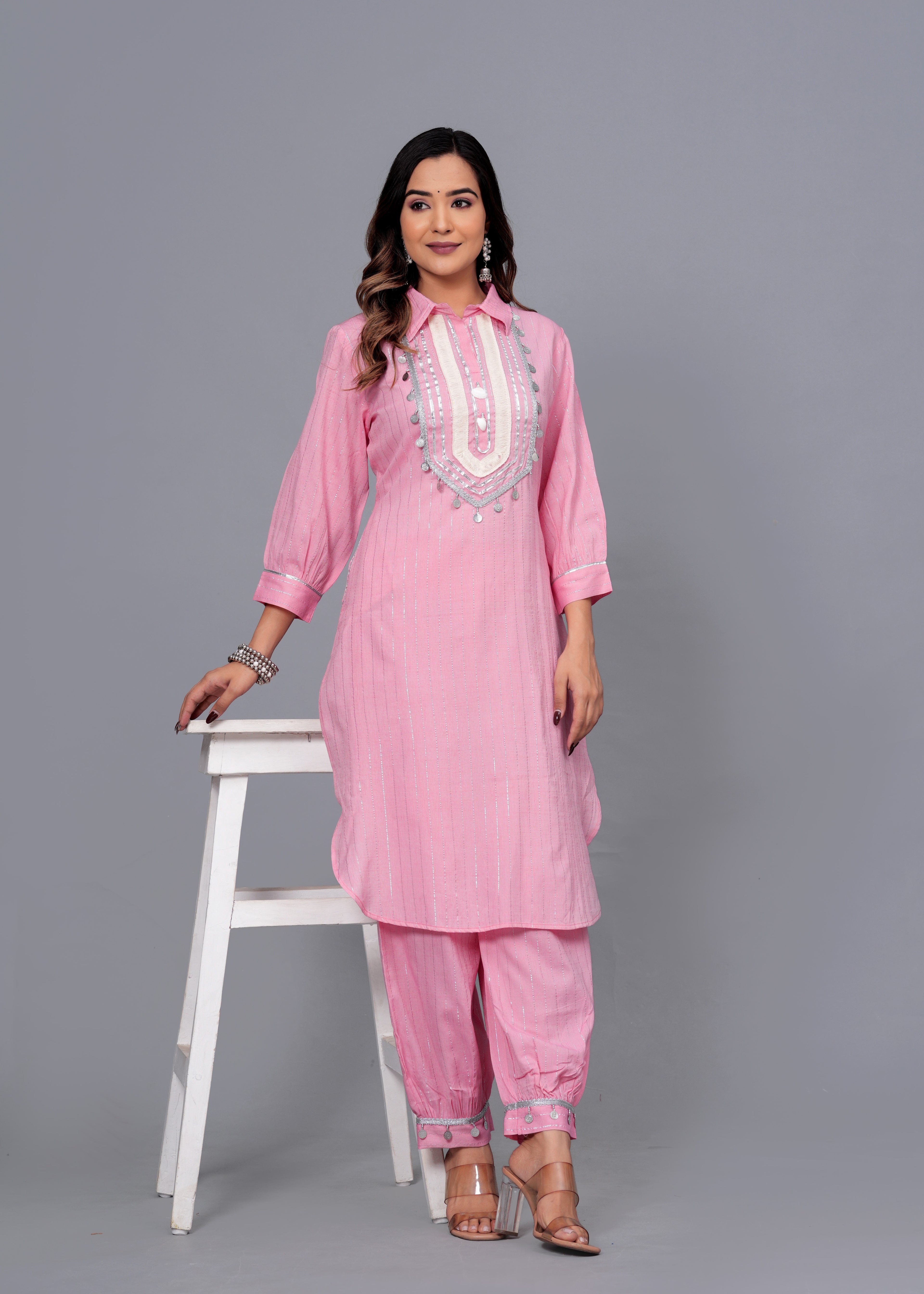 Blush Pink Mirror Work Rayon Pathani Suit Set