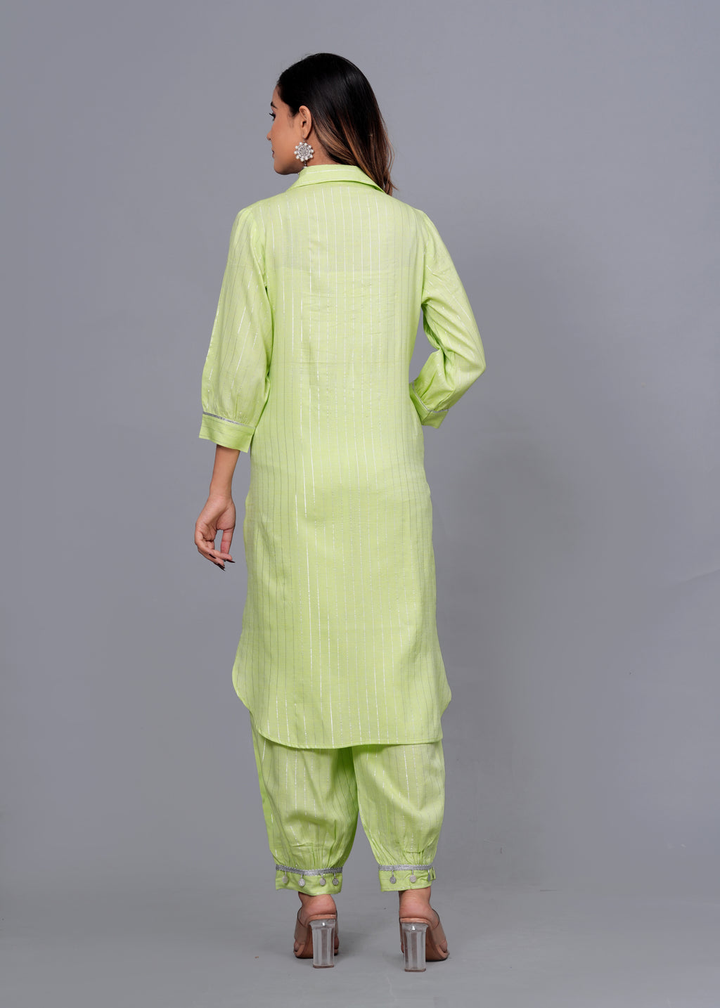 Lime Green Mirror Work Rayon Pathani Suit Set