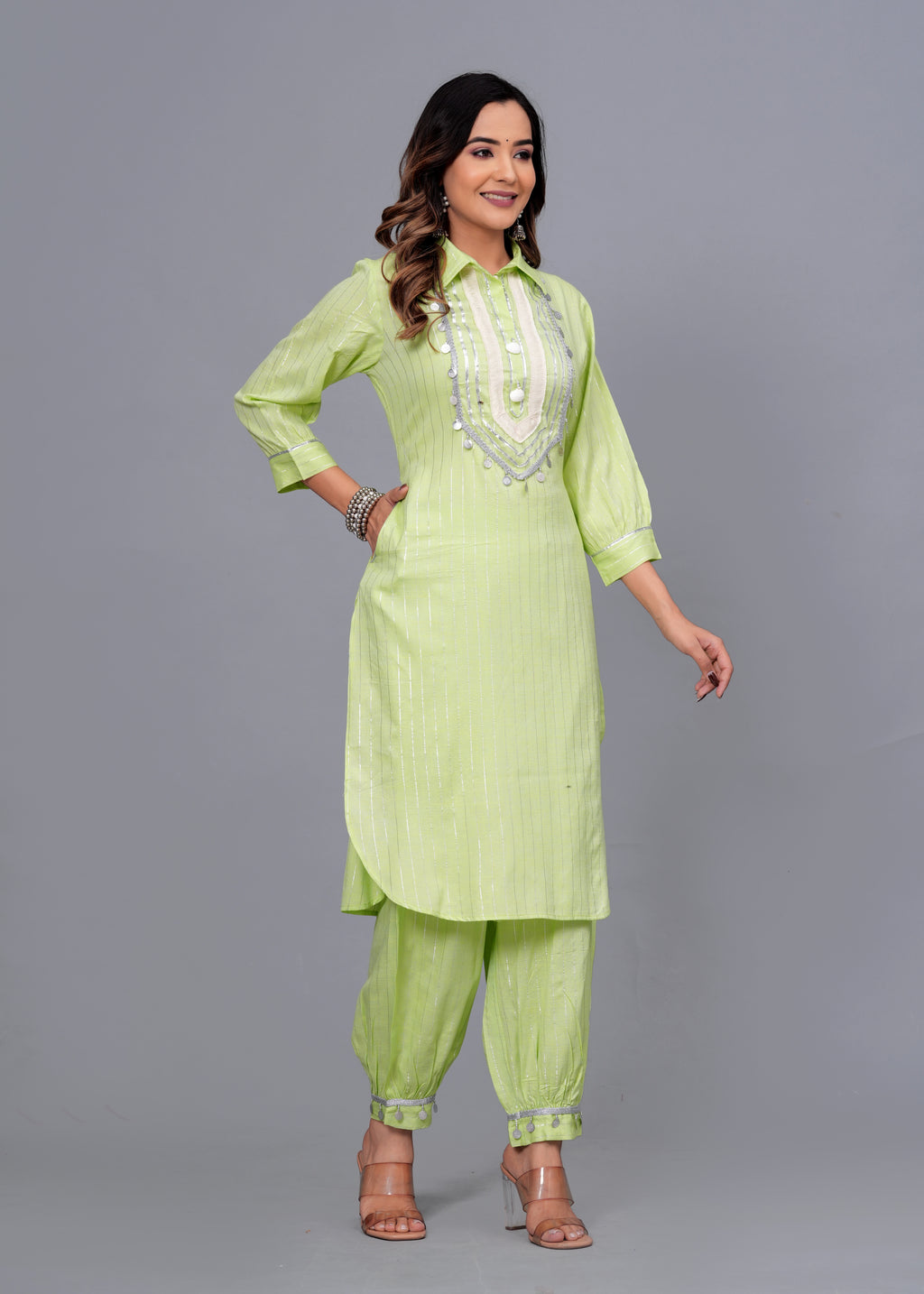 Lime Green Mirror Work Rayon Pathani Suit Set