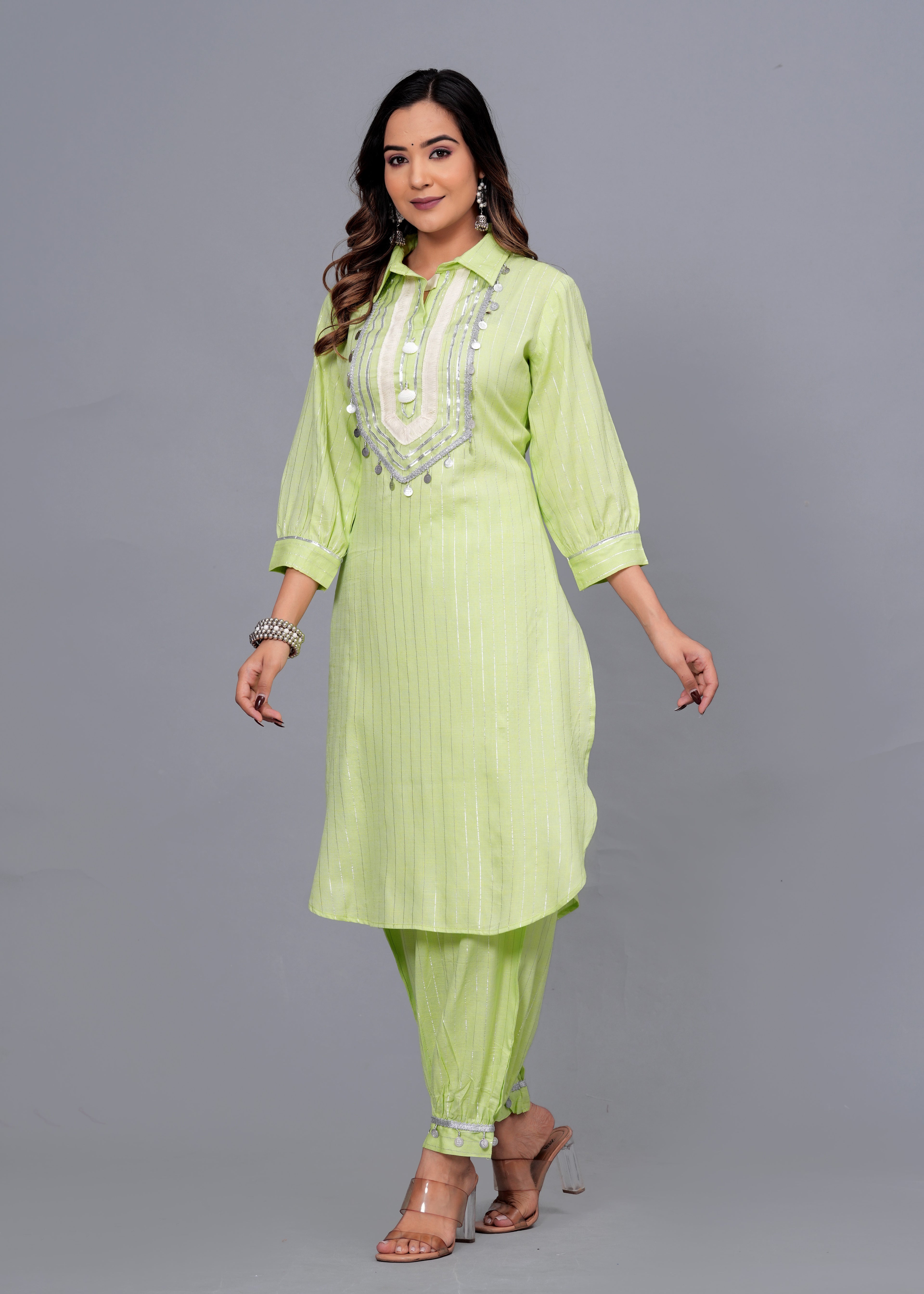 Lime Green Mirror Work Rayon Pathani Suit Set