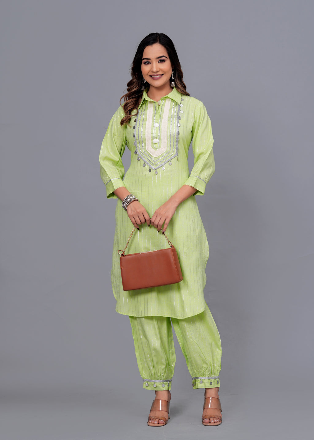 Lime Green Mirror Work Rayon Pathani Suit Set