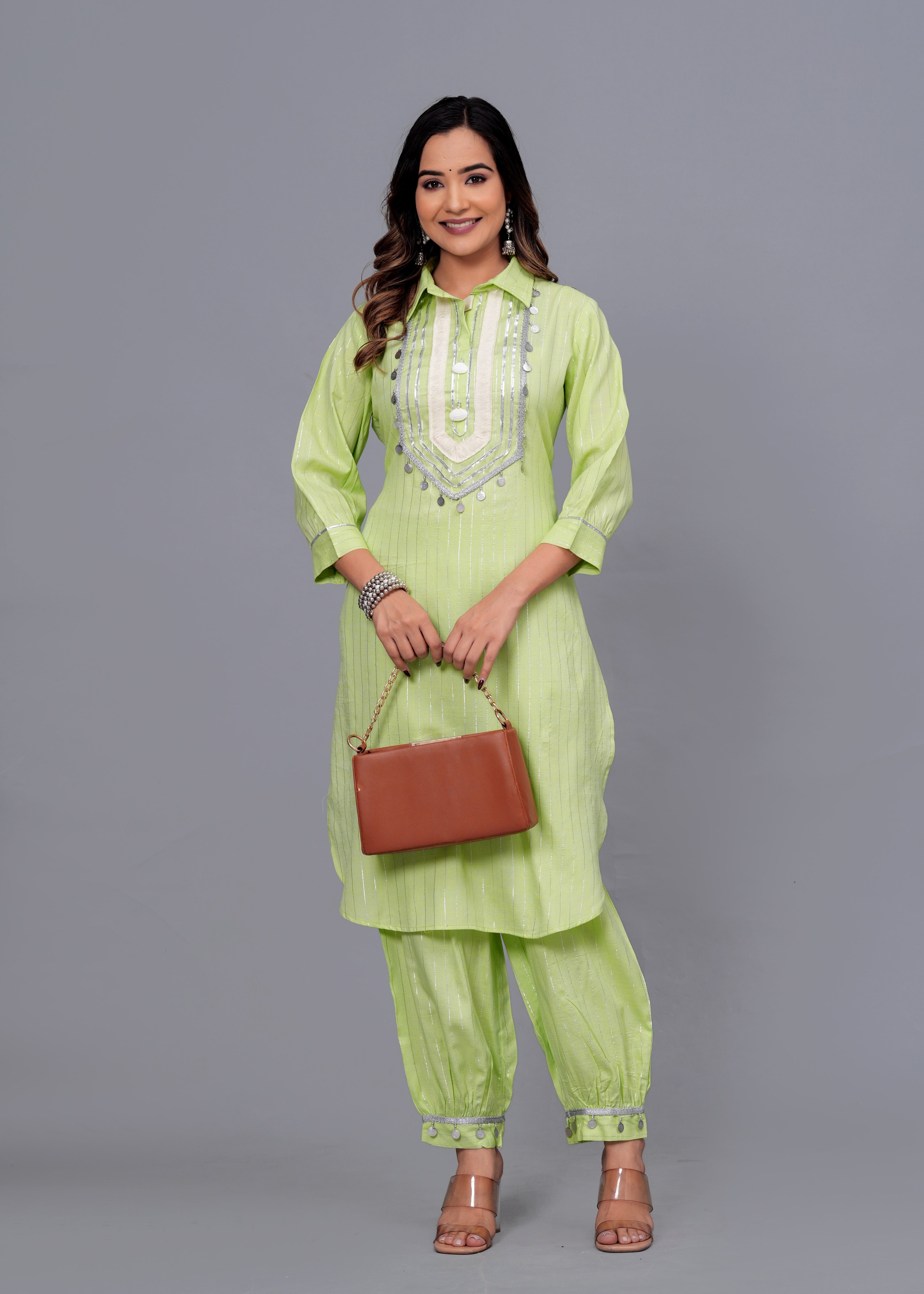 Lime Green Mirror Work Rayon Pathani Suit Set