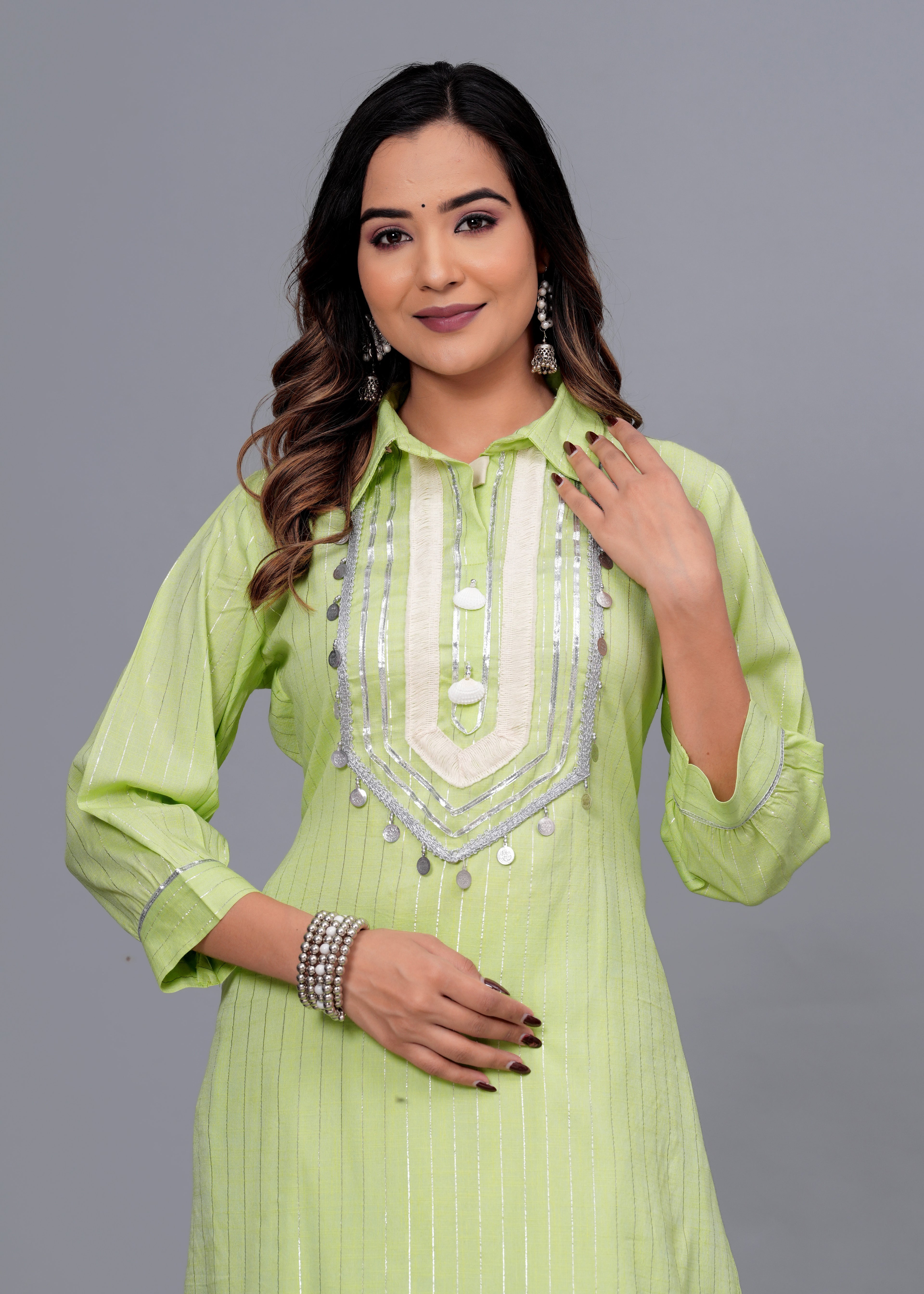 Lime Green Mirror Work Rayon Pathani Suit Set