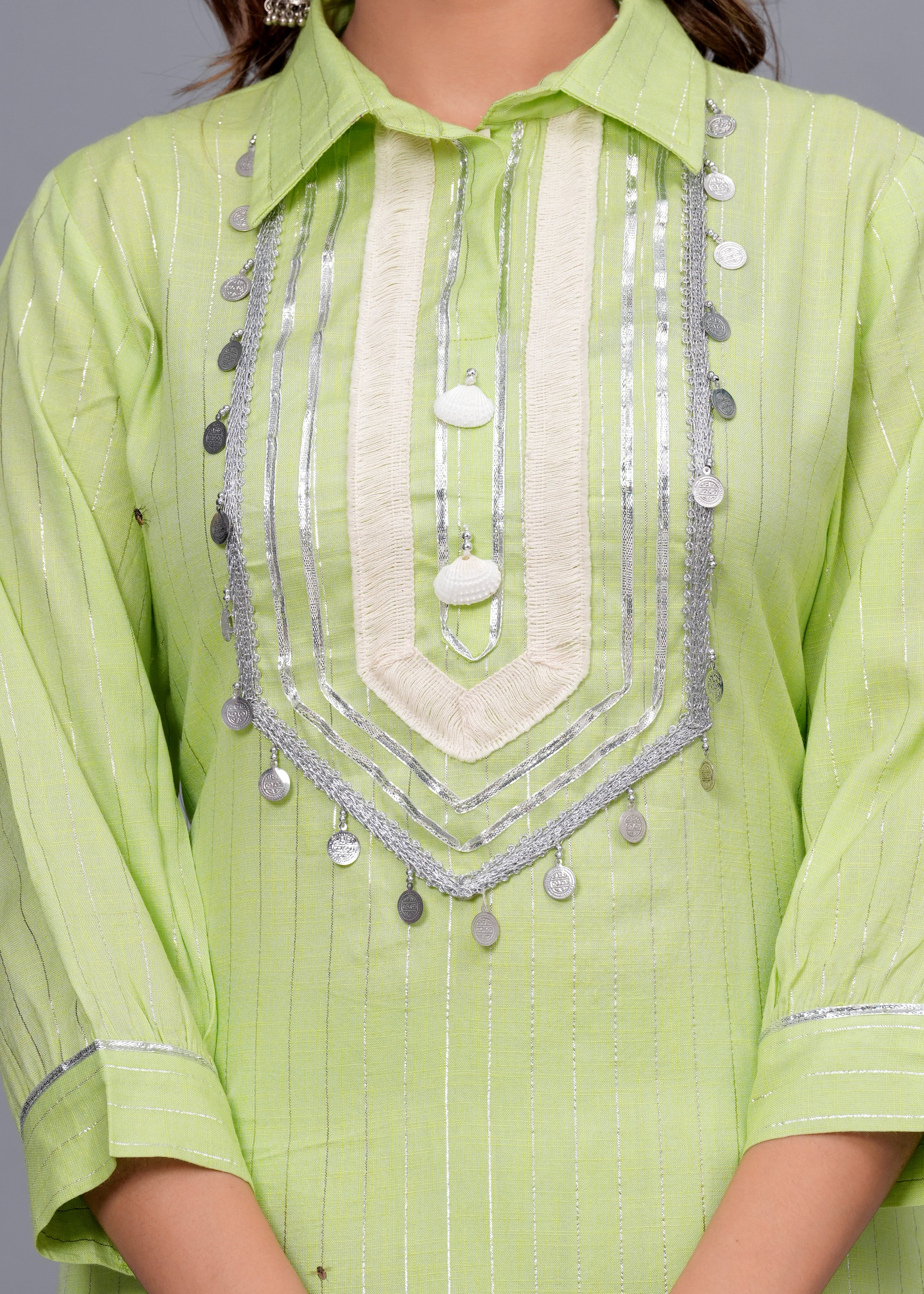 Lime Green Mirror Work Rayon Pathani Suit Set