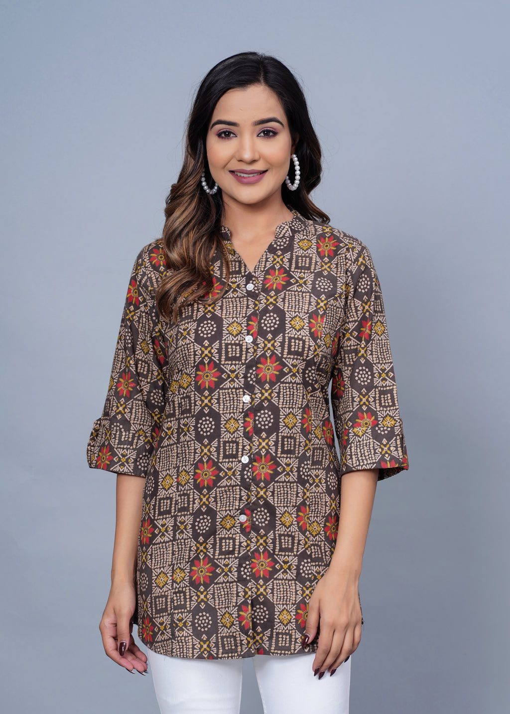 Brown Geometric Printed Cotton Kurti