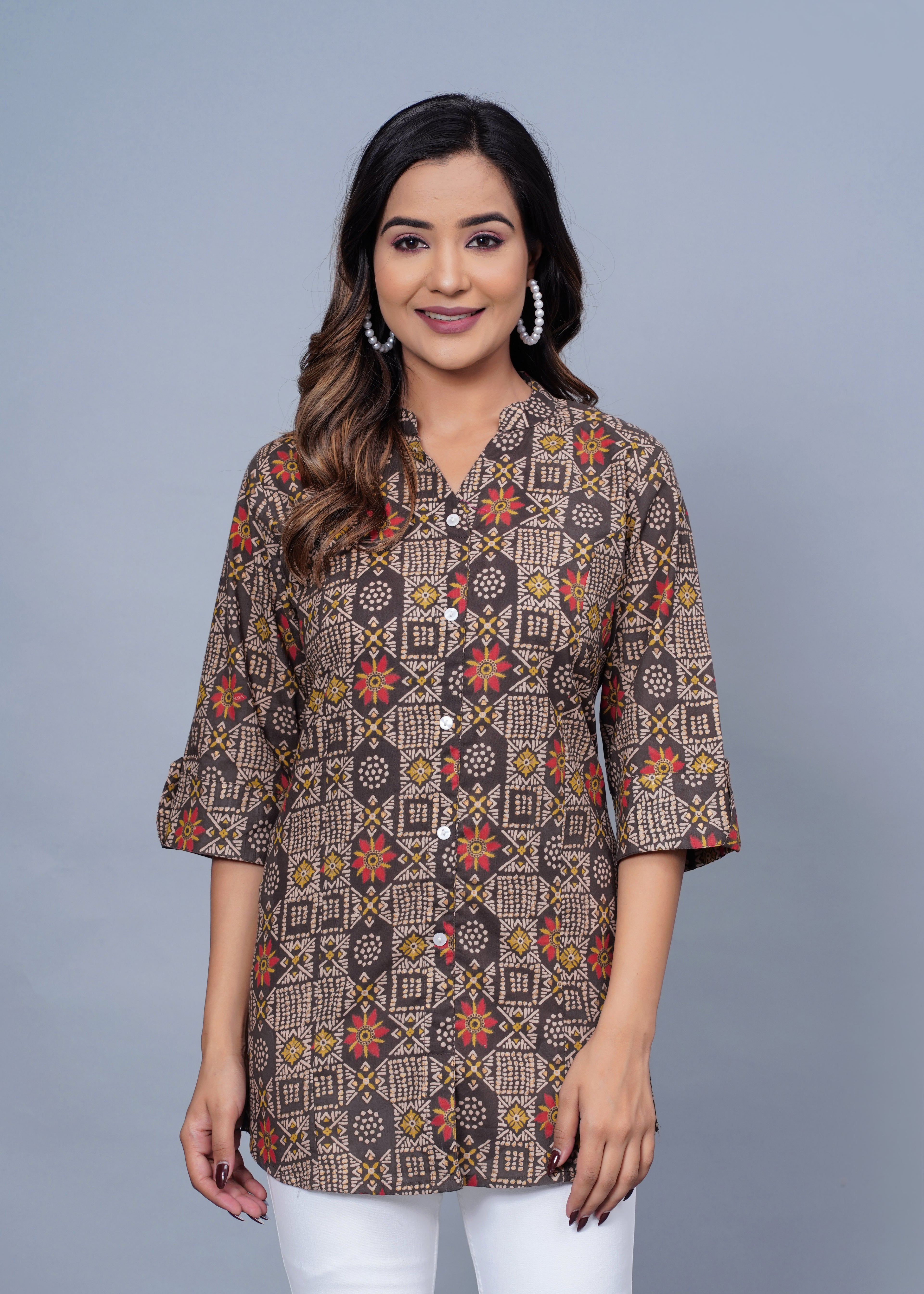 Brown Geometric Printed Cotton Kurti