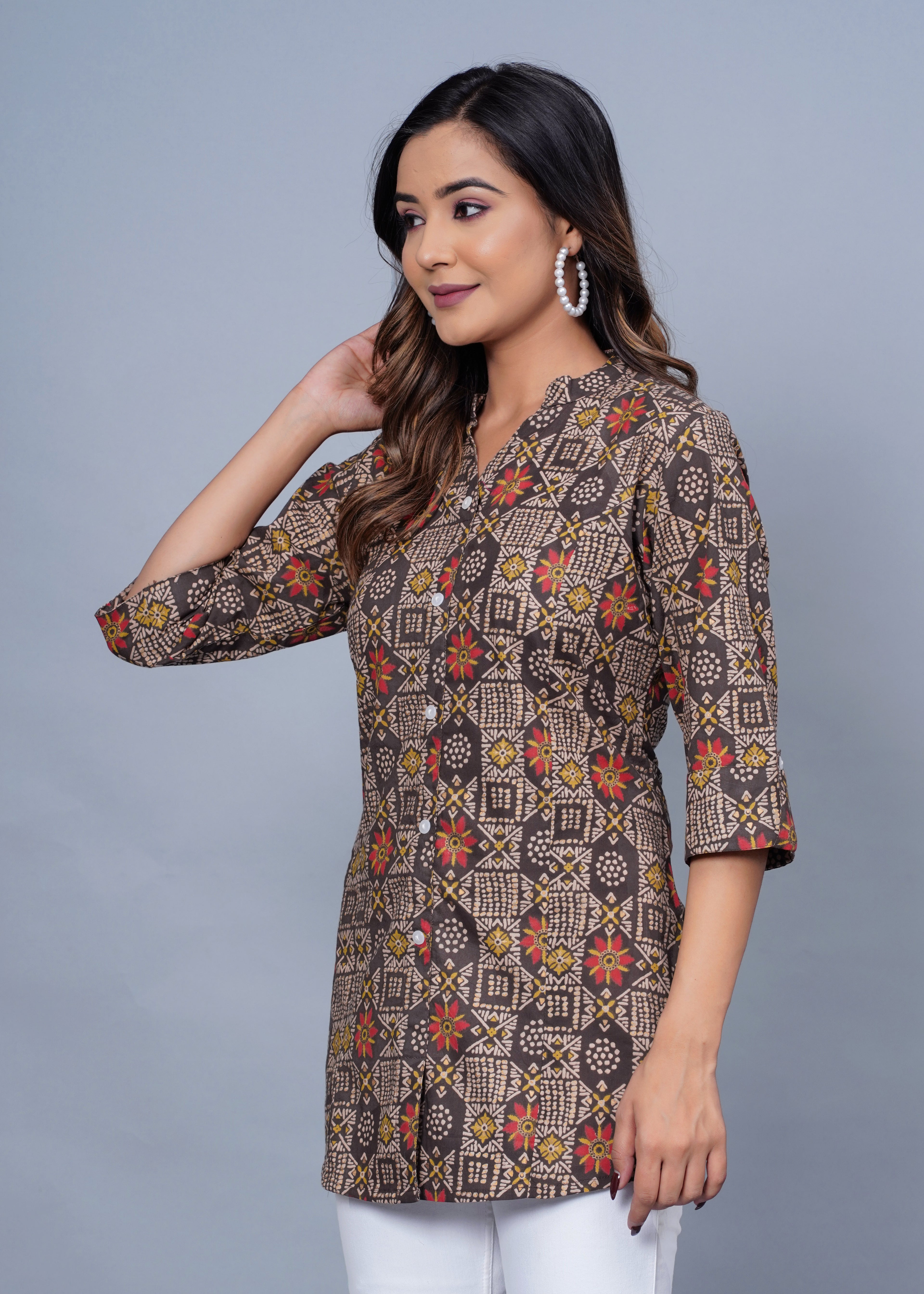 Brown Geometric Printed Cotton Kurti