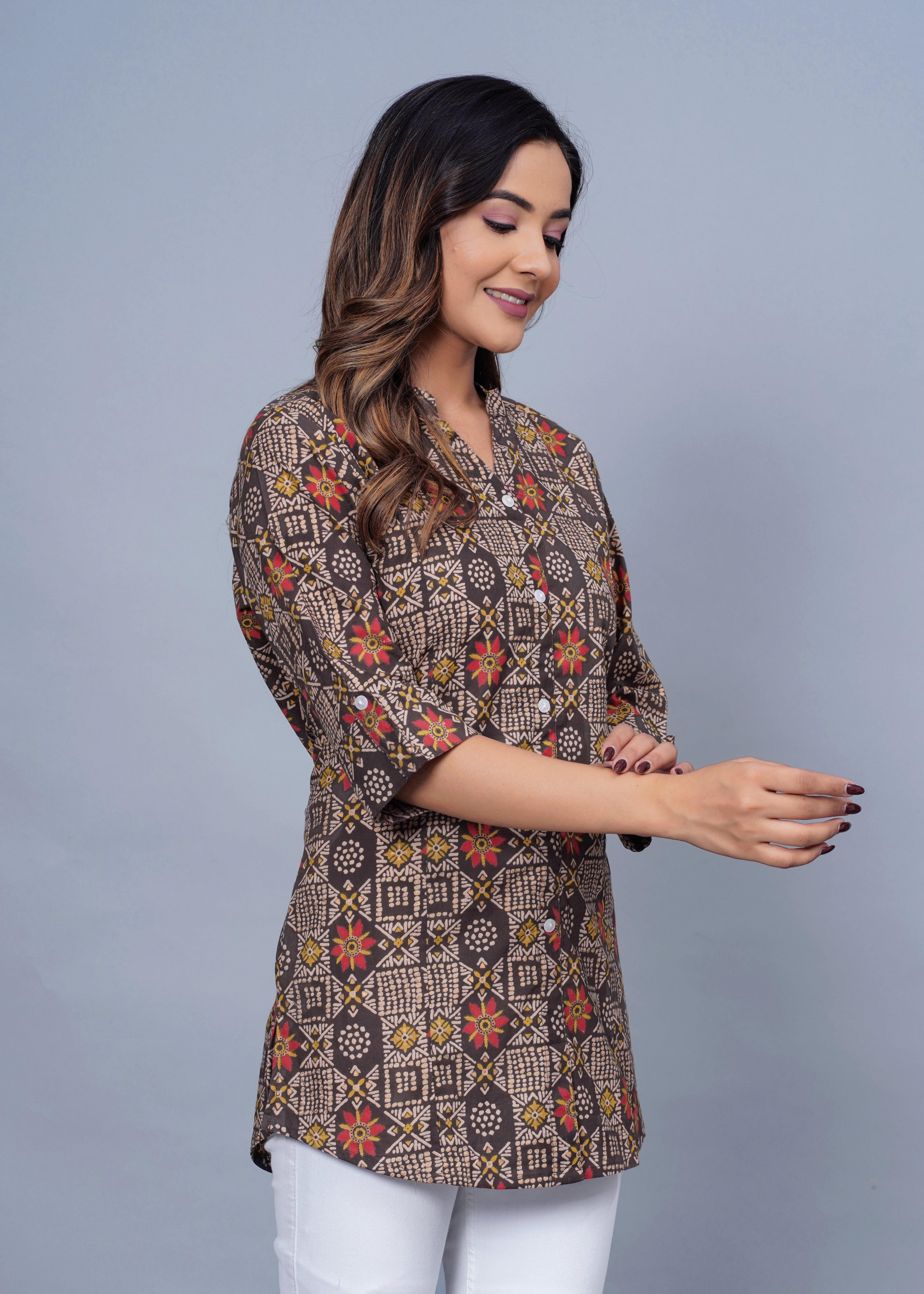 Brown Geometric Printed Cotton Kurti