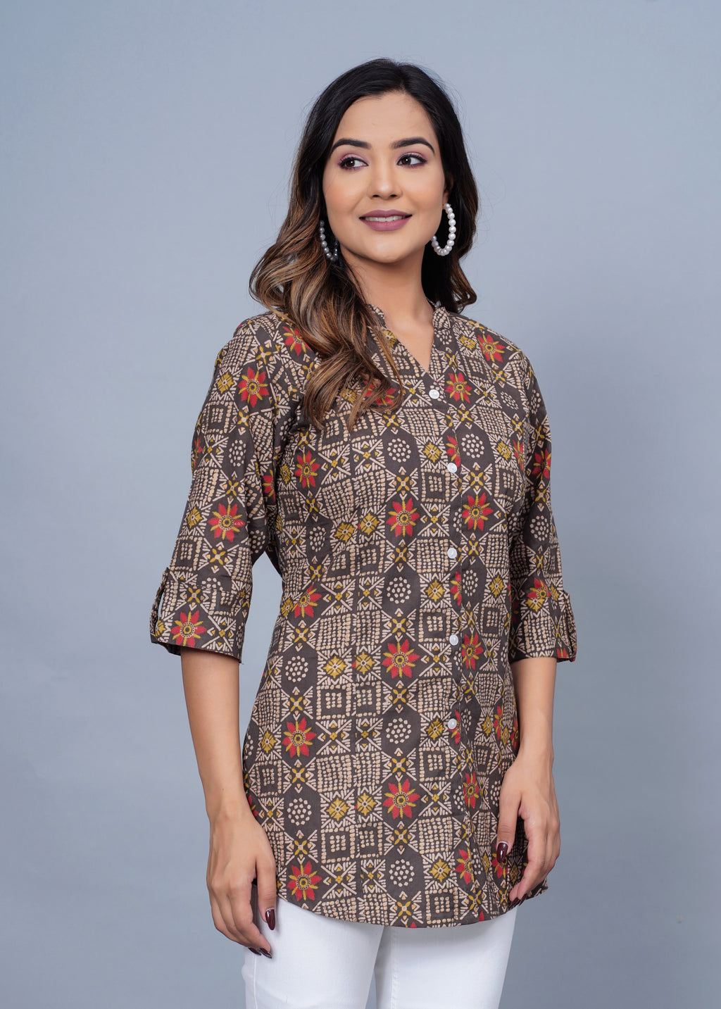 Brown Geometric Printed Cotton Kurti