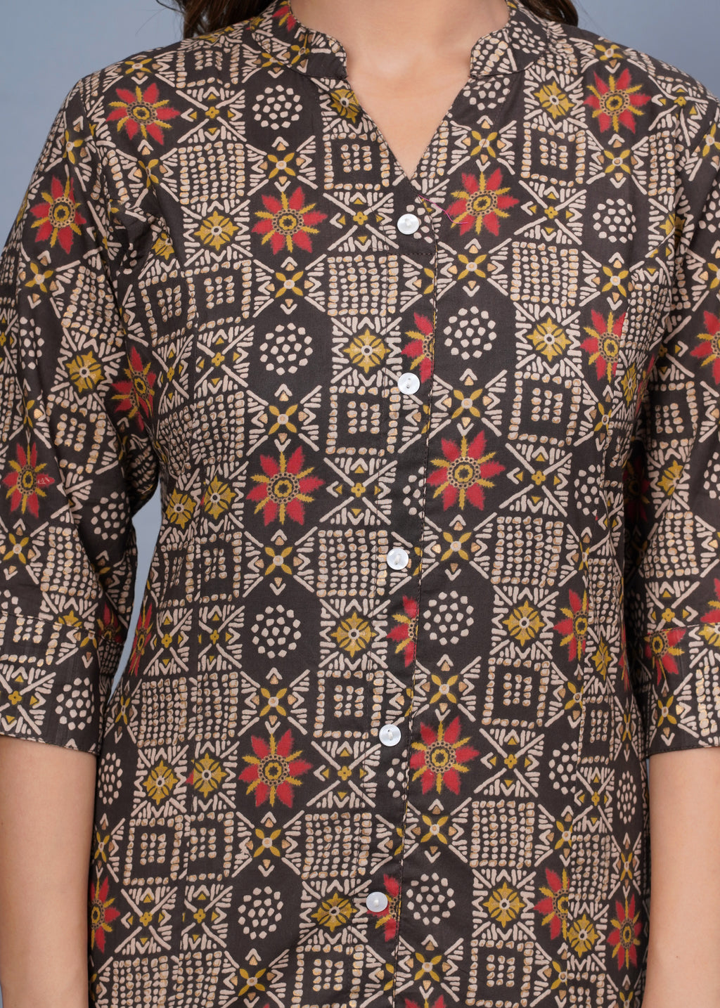 Brown Geometric Printed Cotton Kurti