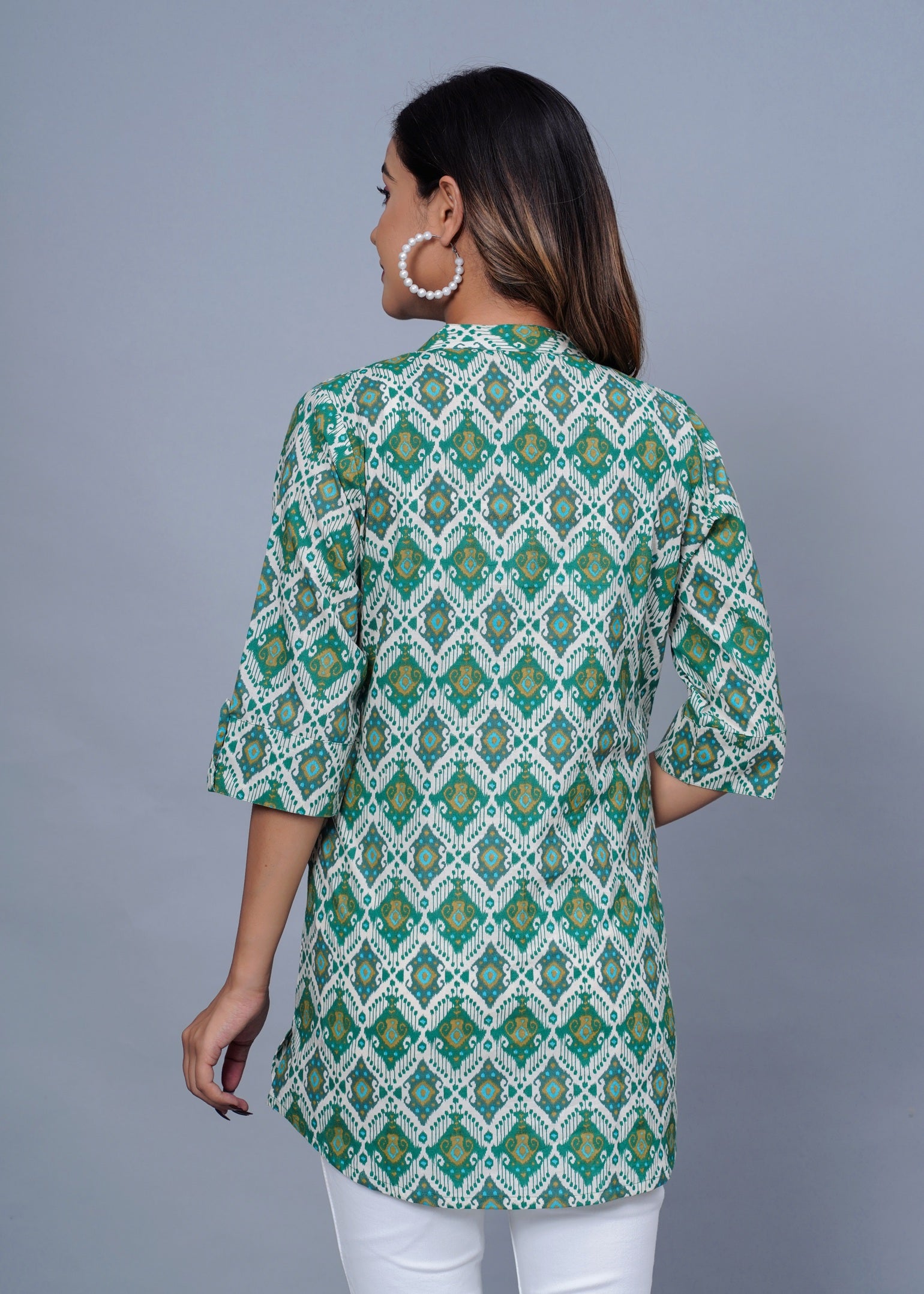 Green Ikat Printed Cotton Kurti