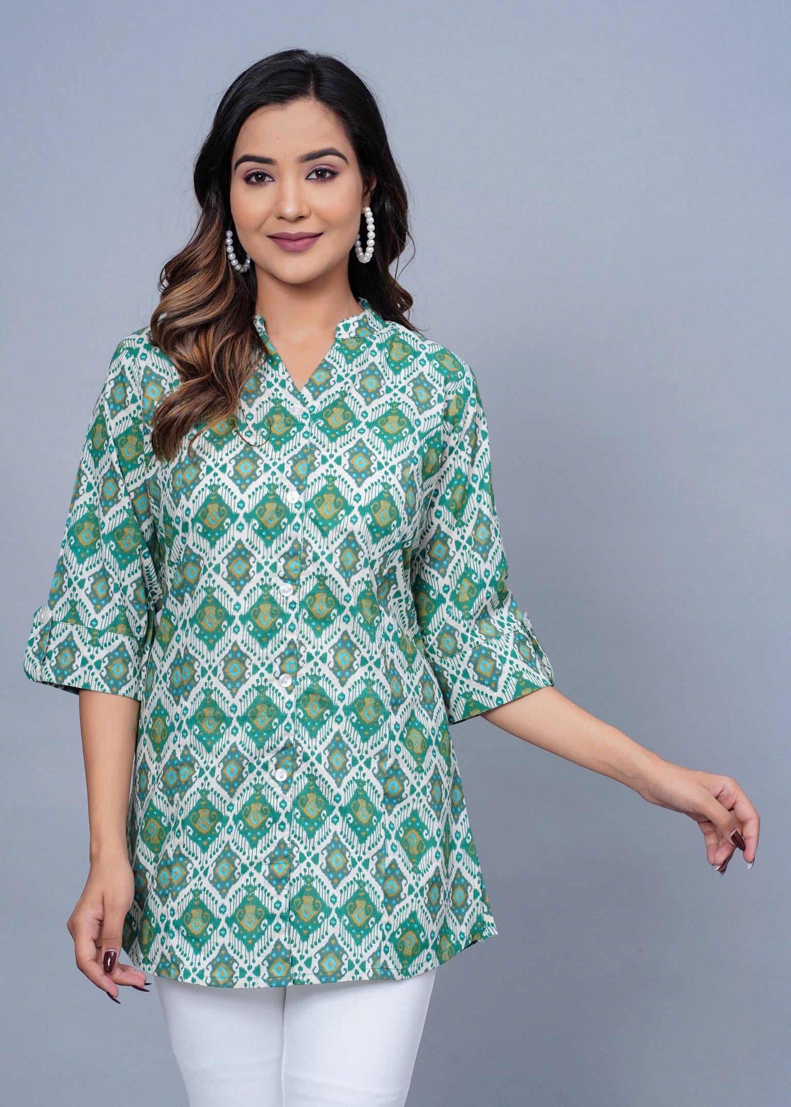 Green Ikat Printed Cotton Kurti