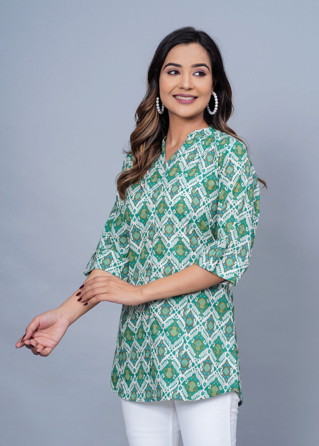 Green Ikat Printed Cotton Kurti