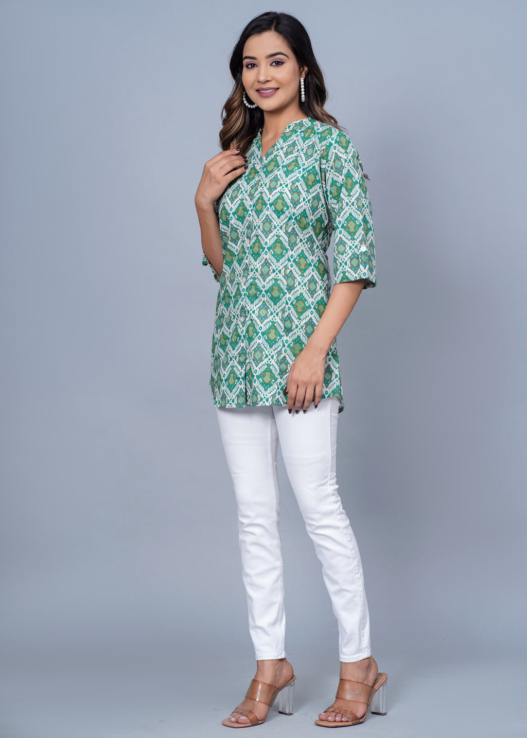 Green Ikat Printed Cotton Kurti