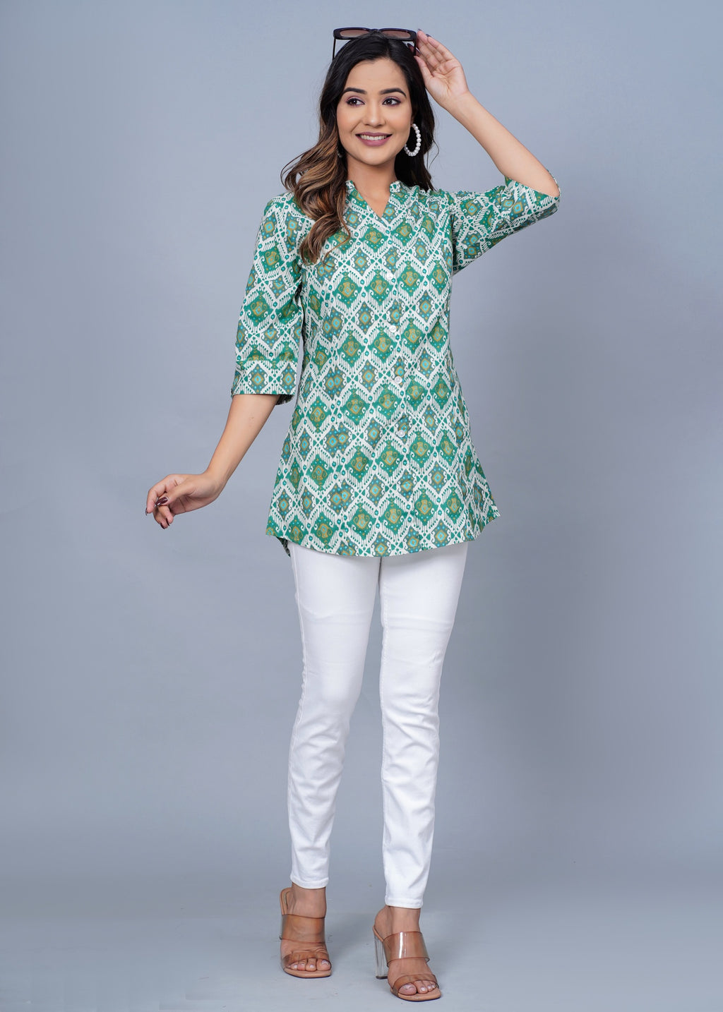 Green Ikat Printed Cotton Kurti