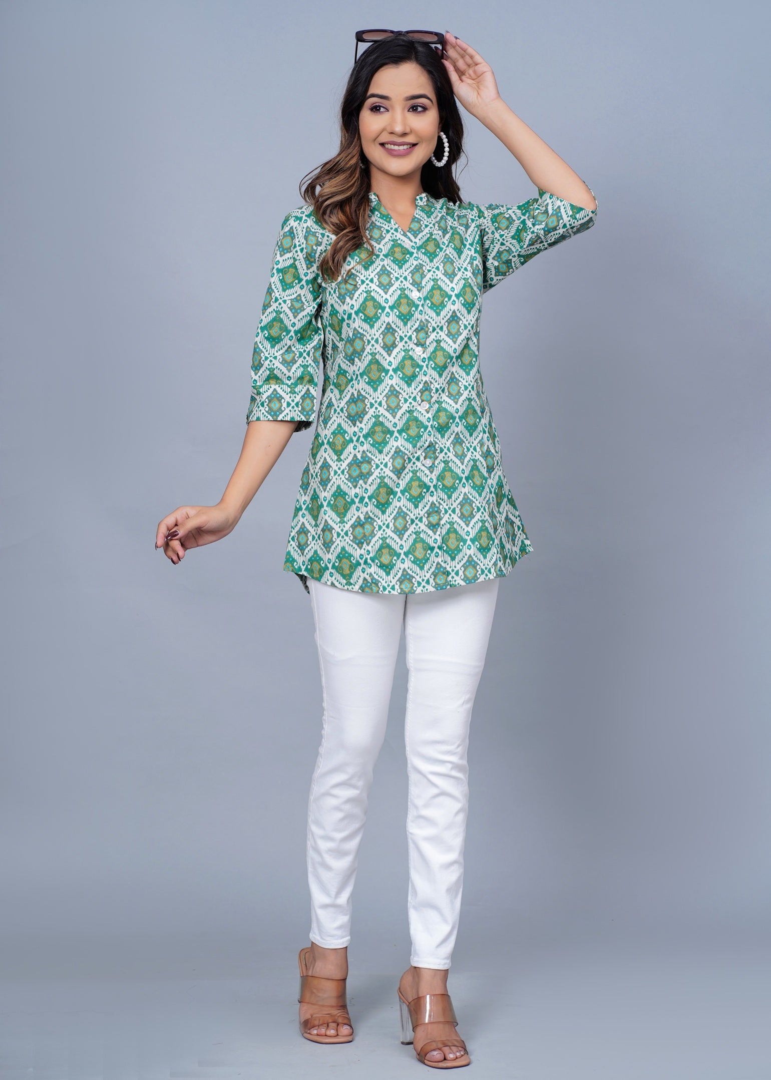 Green Ikat Printed Cotton Kurti