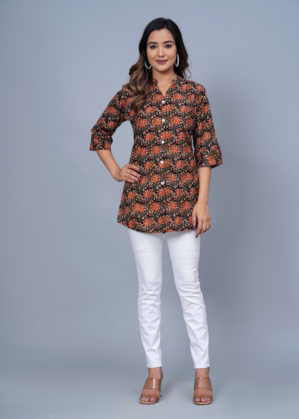 Black Floral Printed Cotton Kurti